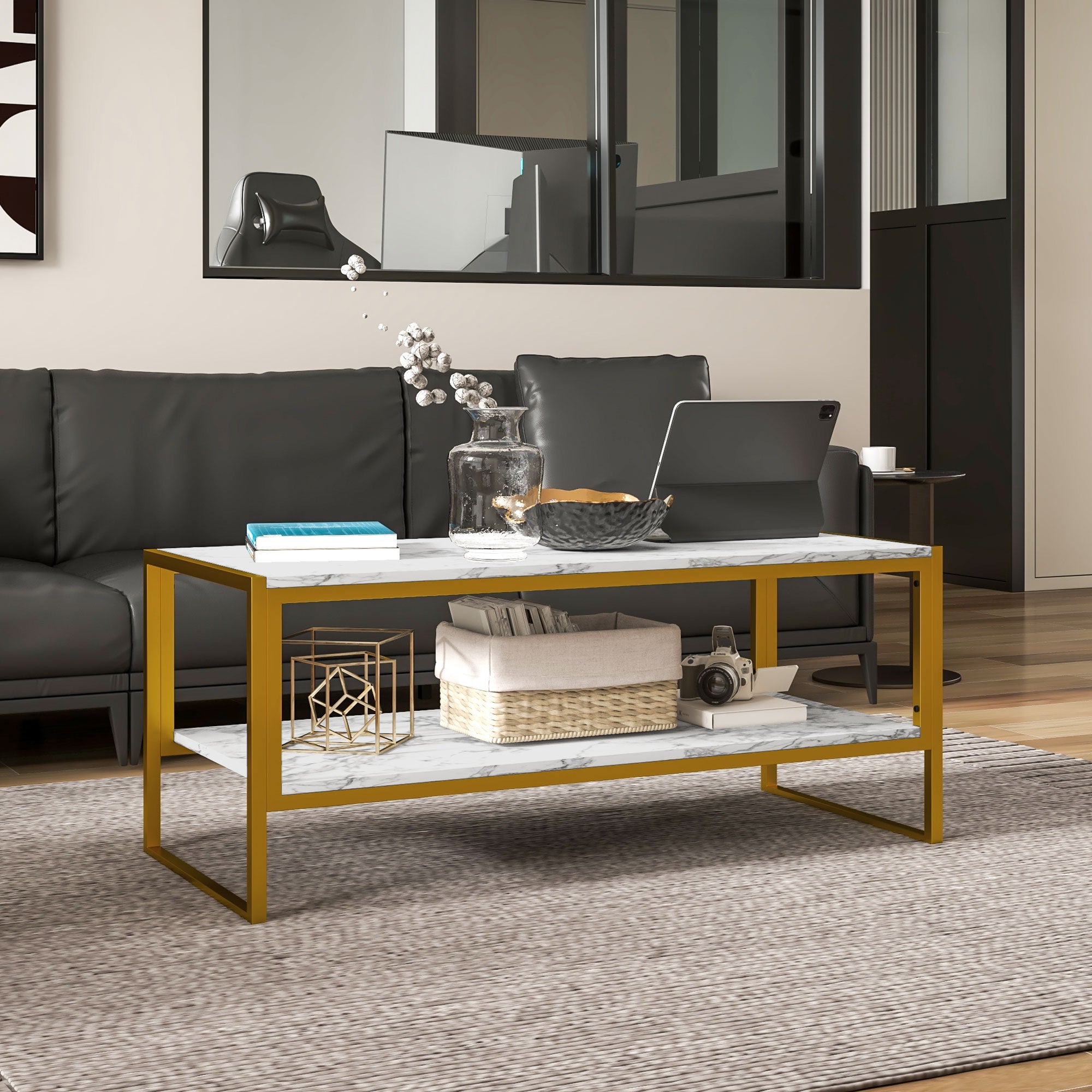 HOMCOM Coffee Table, Two-Tier Marble Centre Table with Metal Frame and Storage Shelf for Living Room, 106 x 50 x 45cm, White - North Peak Garden Furniture