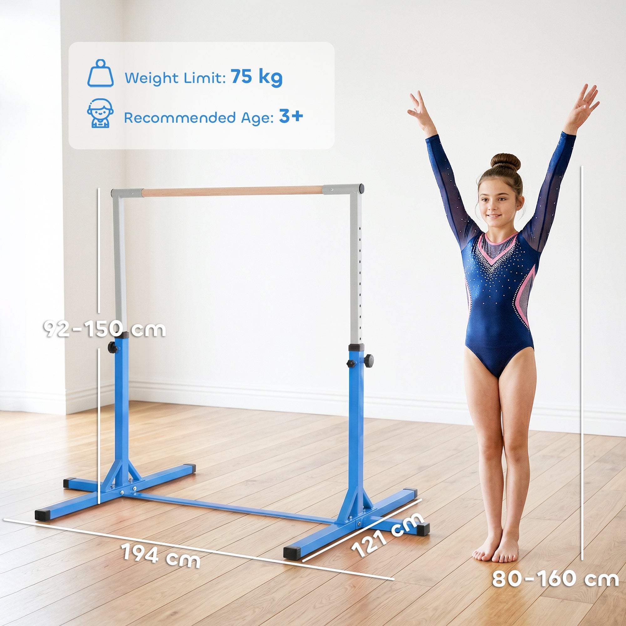 HOMCOM Height Adjustable Gymnastics Horizontal Bar For Kids Home Gym Training Children Junior Kip High Bar Fitness Blue