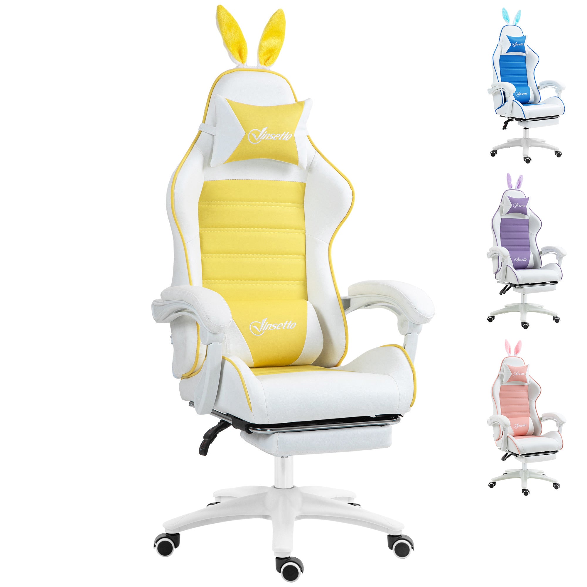 Vinsetto Racing Gaming Chair, Reclining PU Leather Computer Chair with Removable Rabbit Ears, Footrest, Headrest and Lumber Support, Yellow