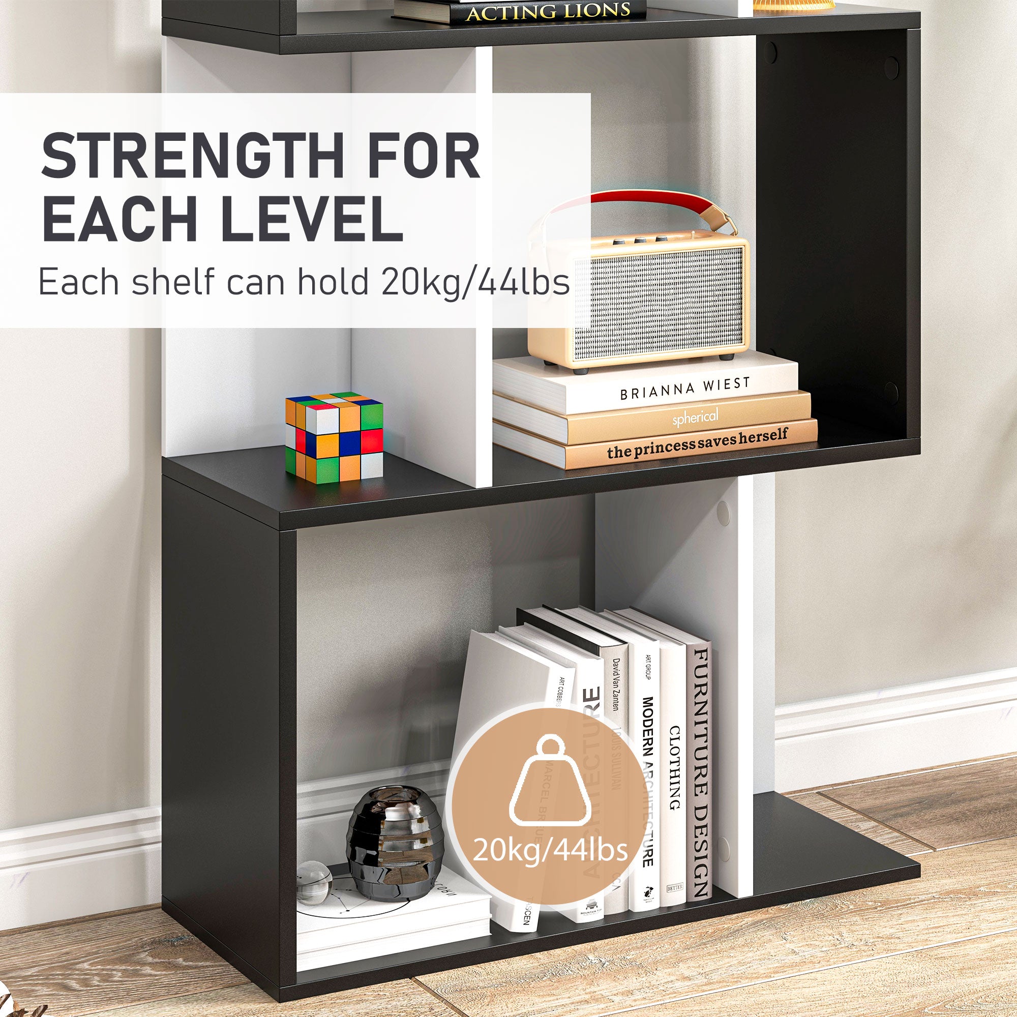 HOMCOM 5-tier Bookcase Storage Display Shelving S Shape design Unit Divider Black - North Peak Garden Furniture