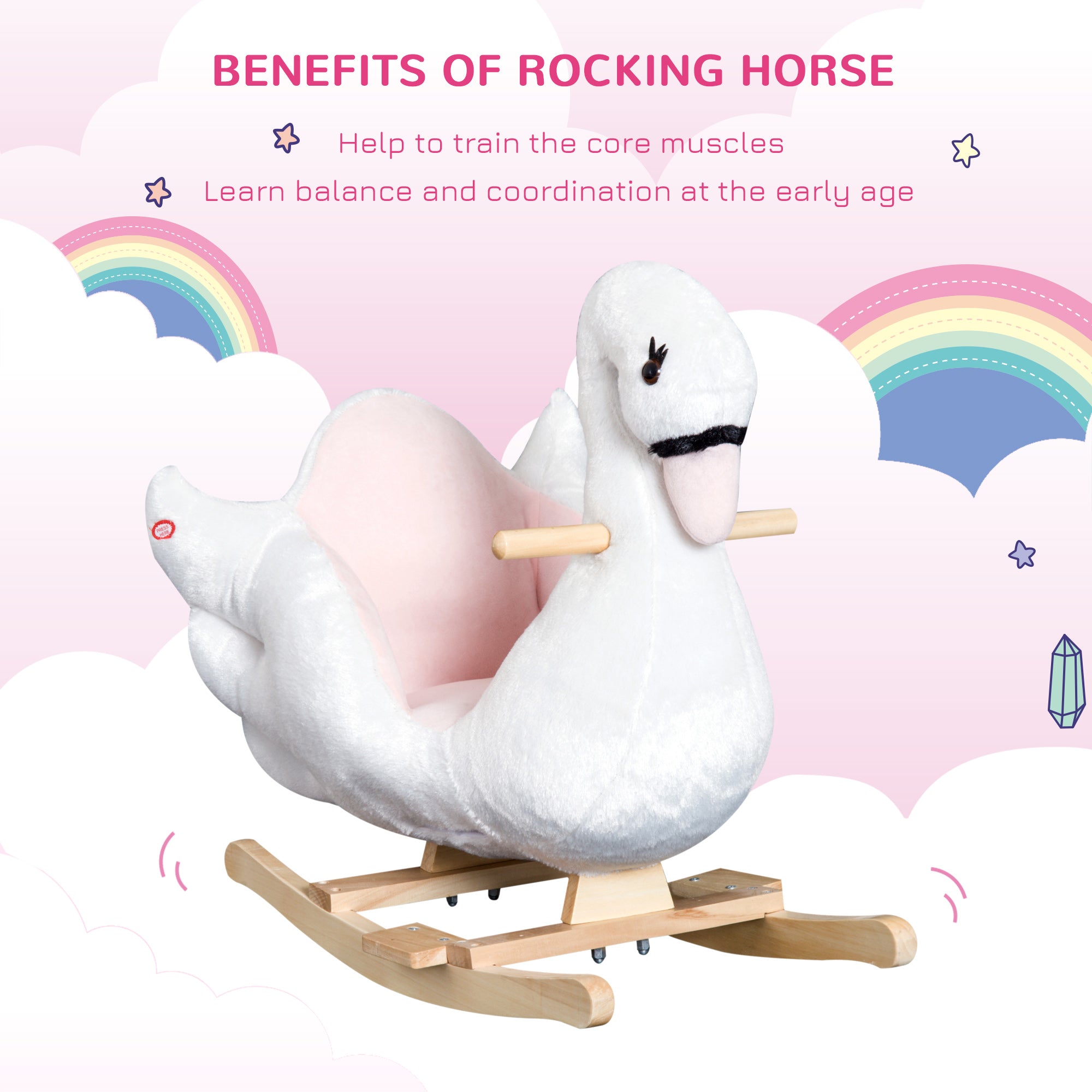 HOMCOM Kids Rocking Horse Plush Ride On Swan Toy w/ Safety Seat for Toddler 18 Months +, White and Pink