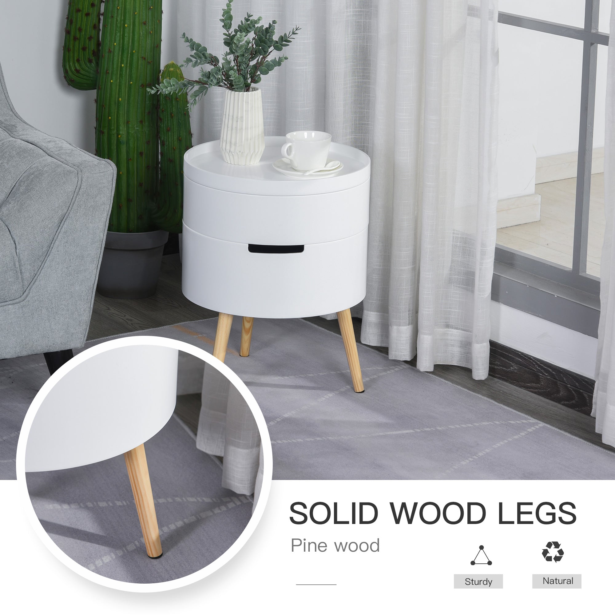 HOMCOM 3-Tier Coffee Table, Round End Table with 2 Hidden Compartments and Detachable Tray, Side Table with Storage for Living Room, White - North Peak Garden Furniture