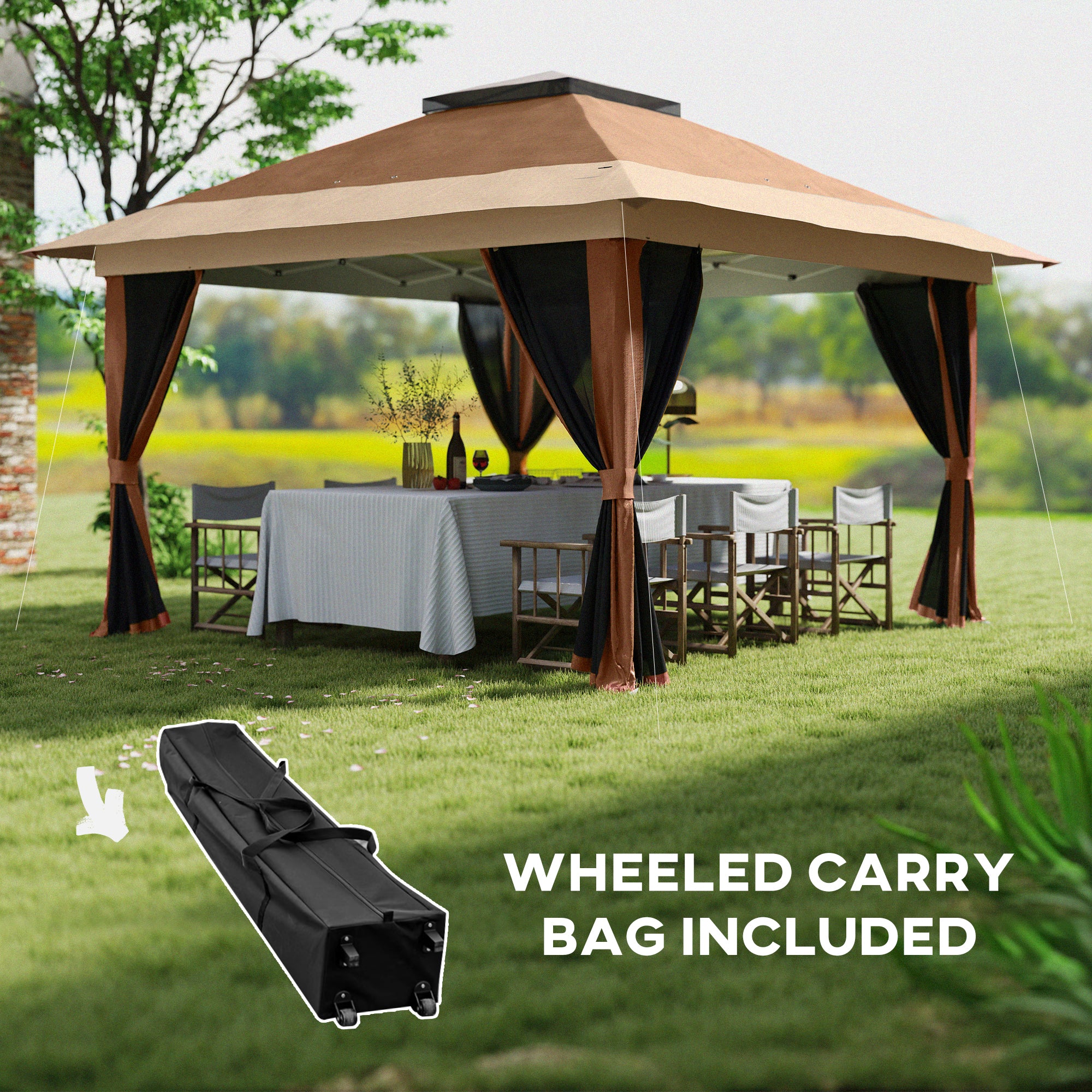 Outsunny 3.6 x 3.6m Pop-Up Gazebo, with Accessories - Brown - North Peak Garden Furniture