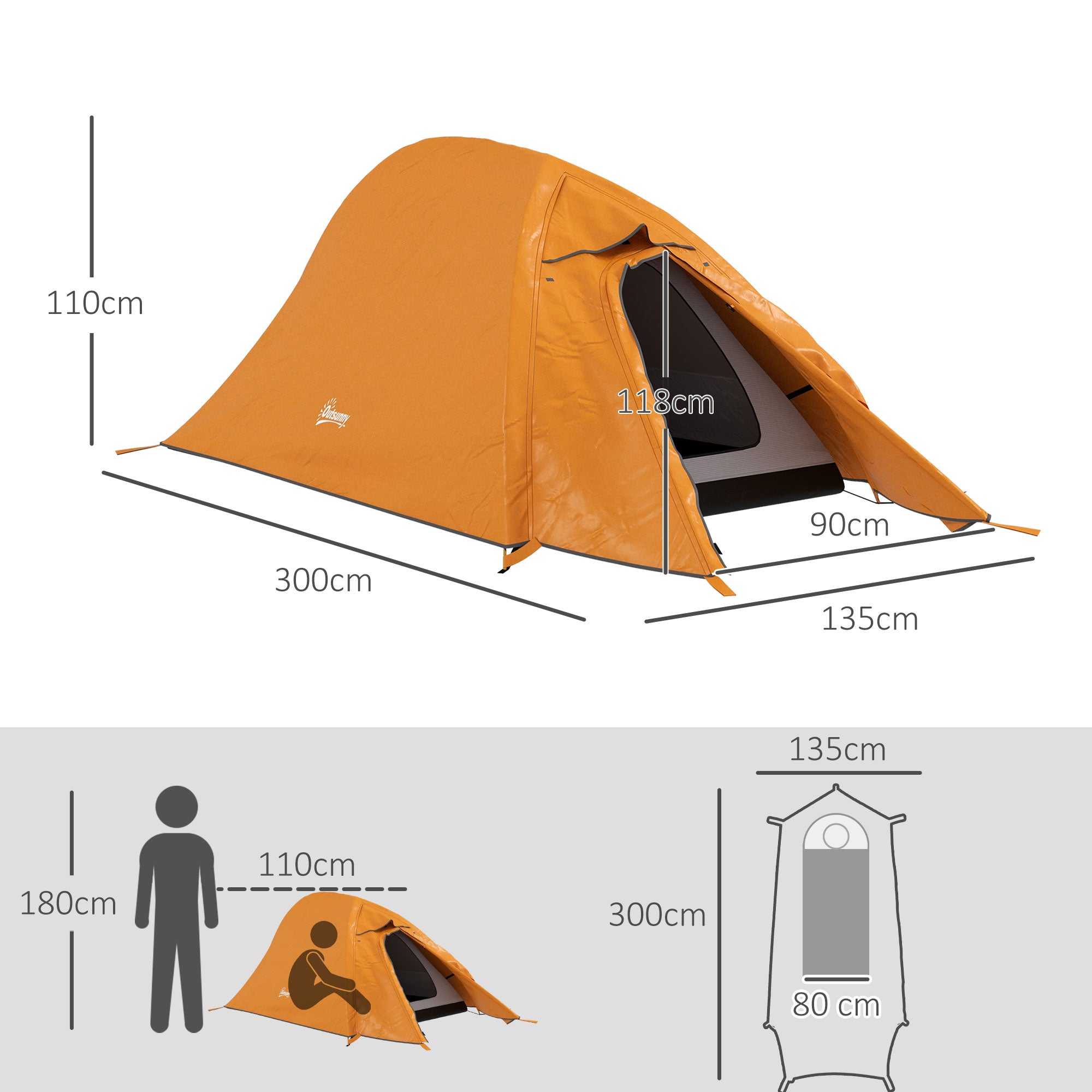 Outsunny Double Layer Camping Tent, 1-2 Man Backpacking Tent with Carry Bag, 2000mm Waterproof and Lightweight, Orange - North Peak Garden Furniture