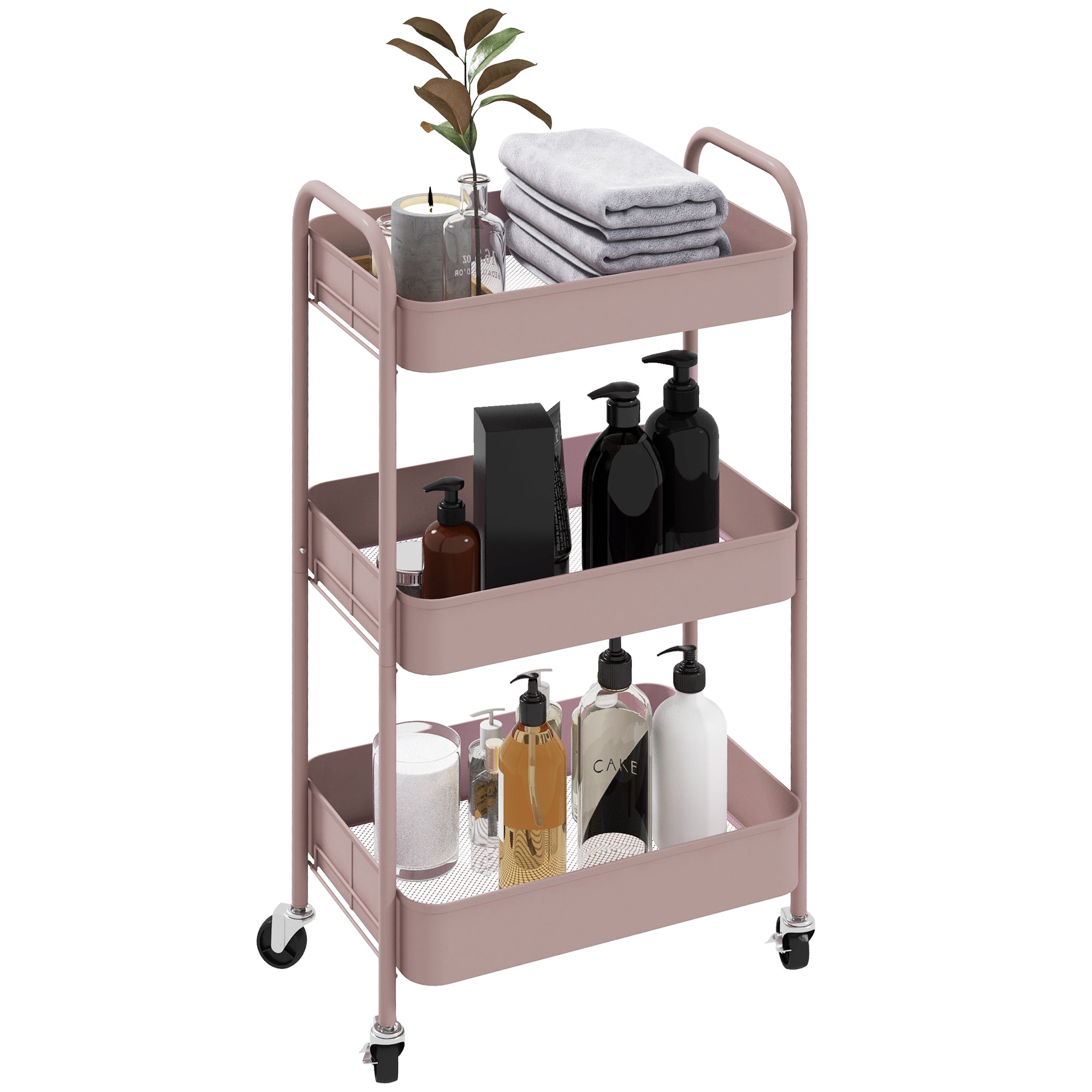 HOMCOM Three-Tier Steel Storage Trolley - Pink - North Peak Garden Furniture