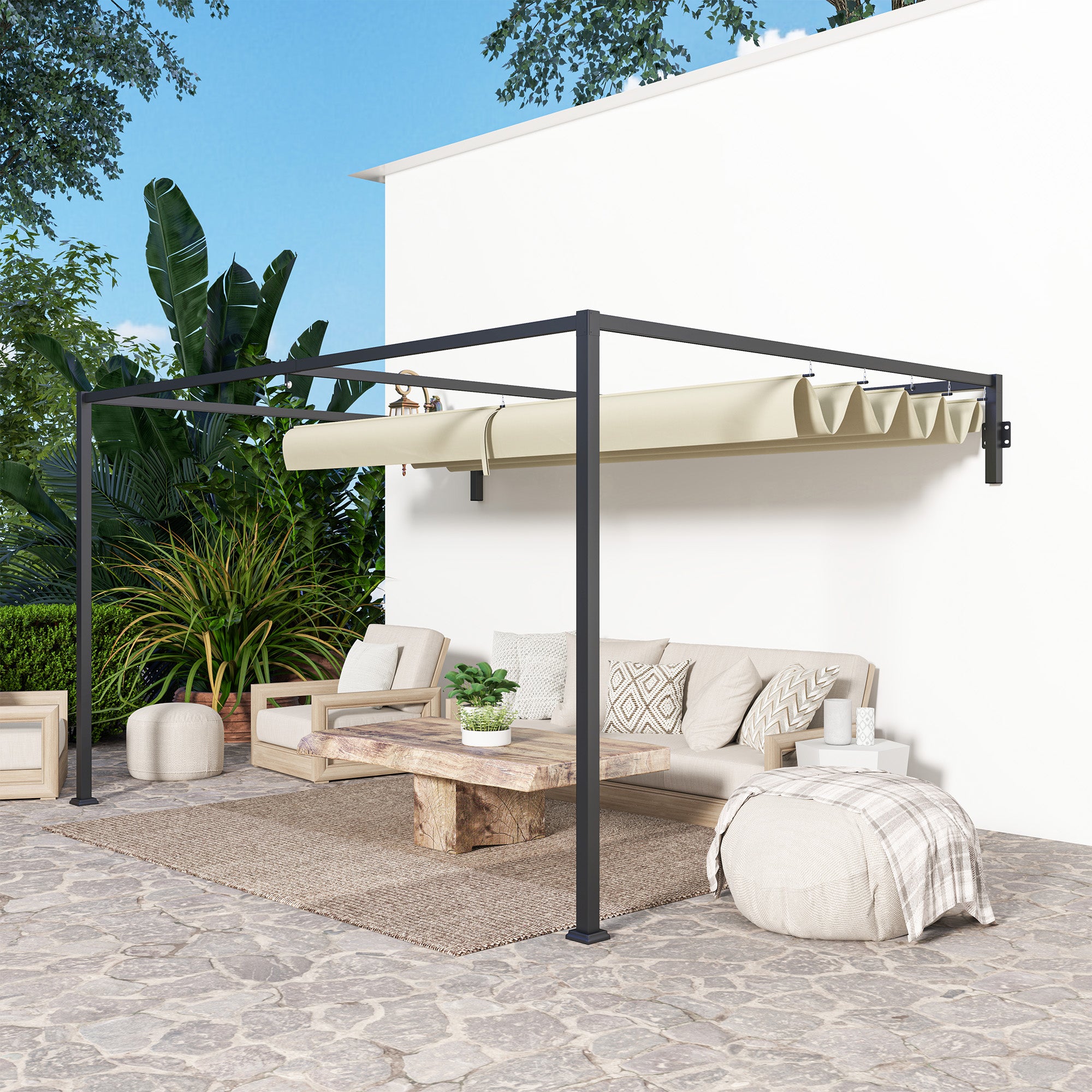 Outsunny 3 x 4m Steel Pergola, with Retractable Canopy - Khaki - North Peak Garden Furniture