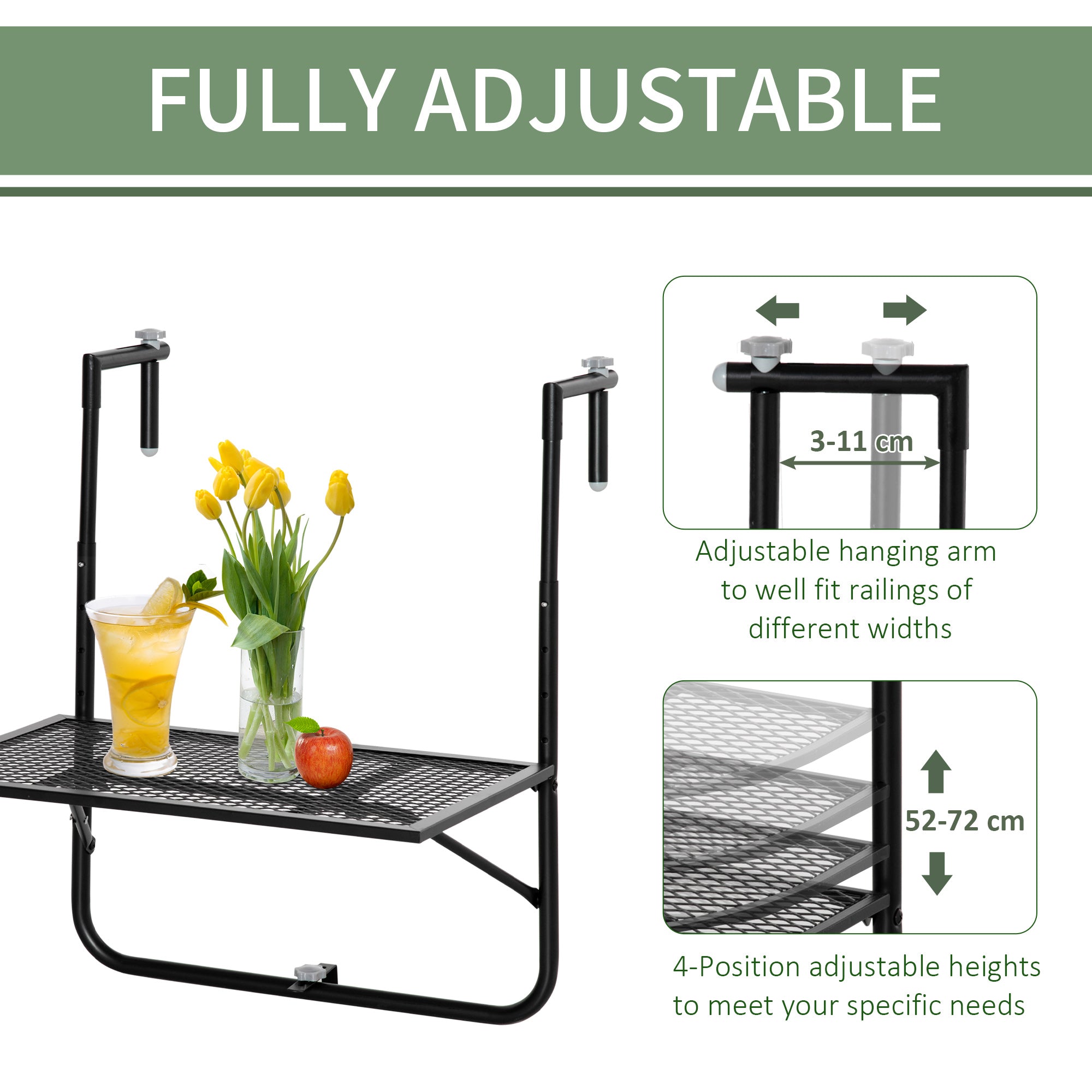 Outsunny Balcony Hanging Table, Metal Wall Mount Desk, Adjustable Folding Balcony Deck Table for Patio and Garden, Black - North Peak Garden Furniture
