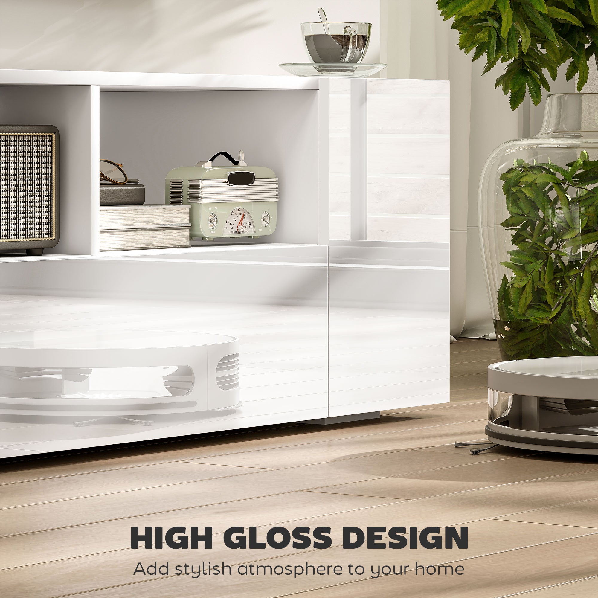 HOMCOM 16 LED Light TV Stand, with Storage - High Gloss White - North Peak Garden Furniture