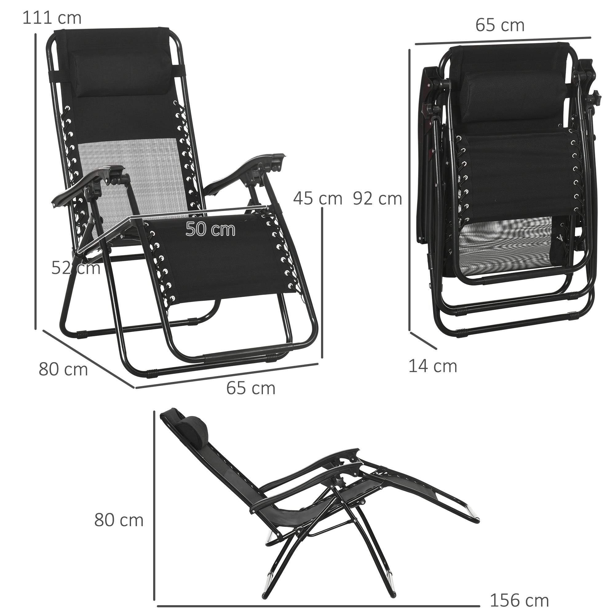 Outsunny Garden Recliner Chairs Set of 2, Outdoor Foldable Zero Gravity Chairs Set w/ Footstool and Detachable Headrest, Black - North Peak Garden Furniture