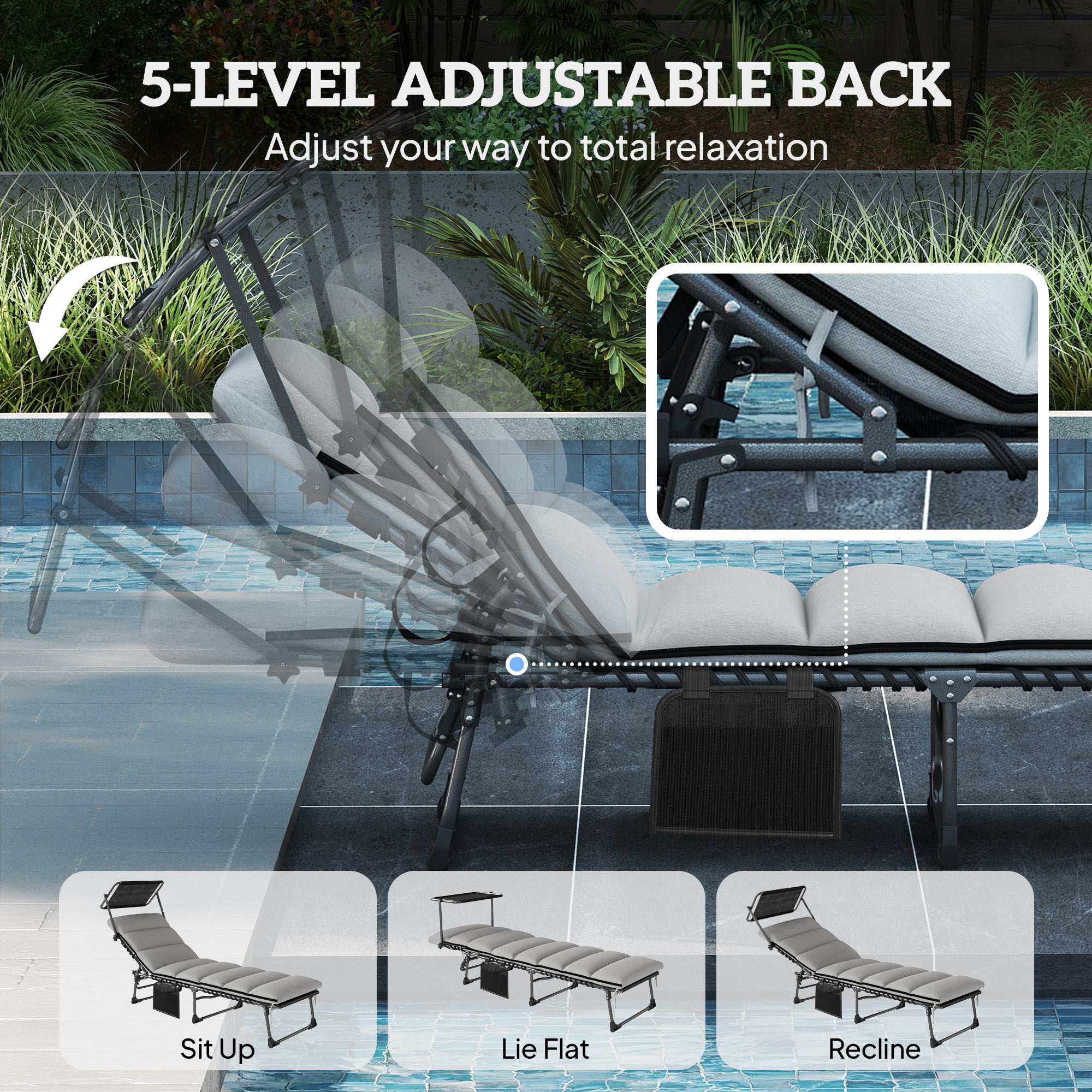 Outsunny Folding Sun Lounger with Canopy, Reclining Sunbed with Cushion, Side Pocket, Carrying Handle, Light Grey