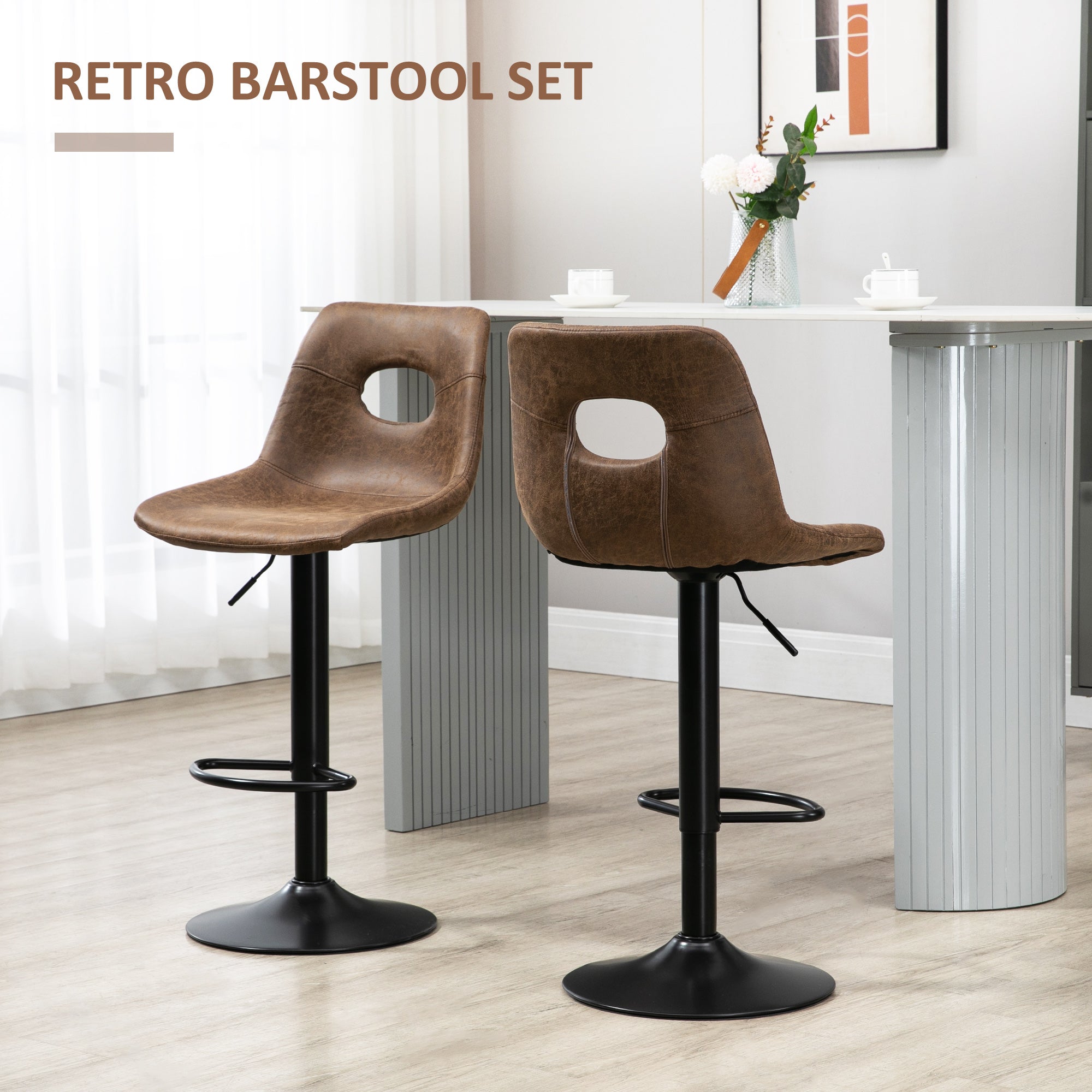HOMCOM Bar Stools Set of 2, Adjustable Breakfast Dining Stools with Backrest, Footrest, Microfiber Cloth Kithchen Island Counter, Brown - North Peak Garden Furniture
