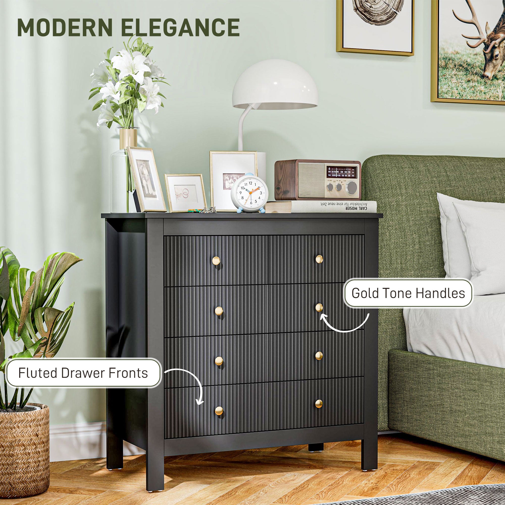 HOMCOM Elegant Chest of Five Drawers - Black - North Peak Garden Furniture