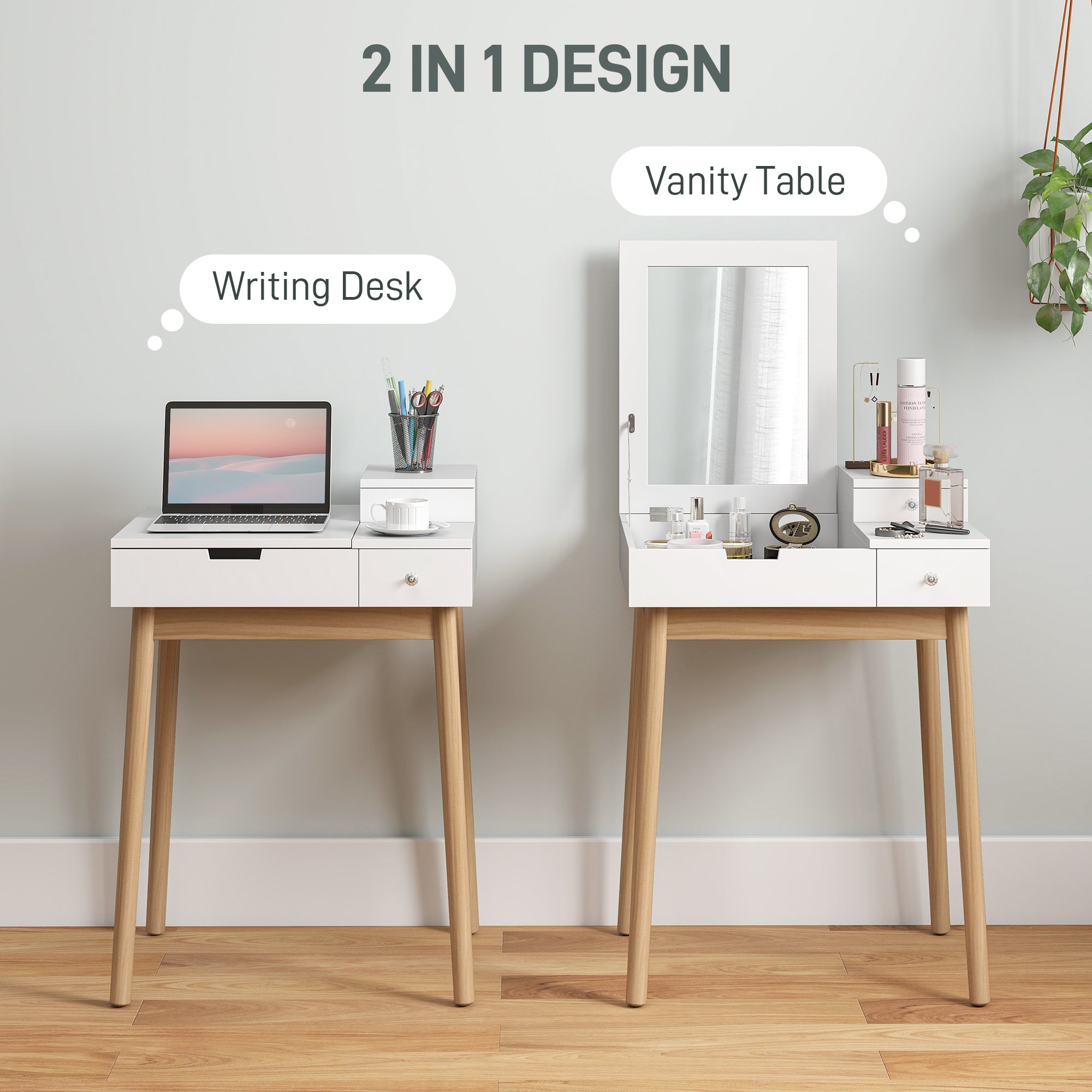 HOMCOM MDF,Pine Dressing Table Desk Flip-up Mirror Multi-purpose 2 Drawers Modern - White
