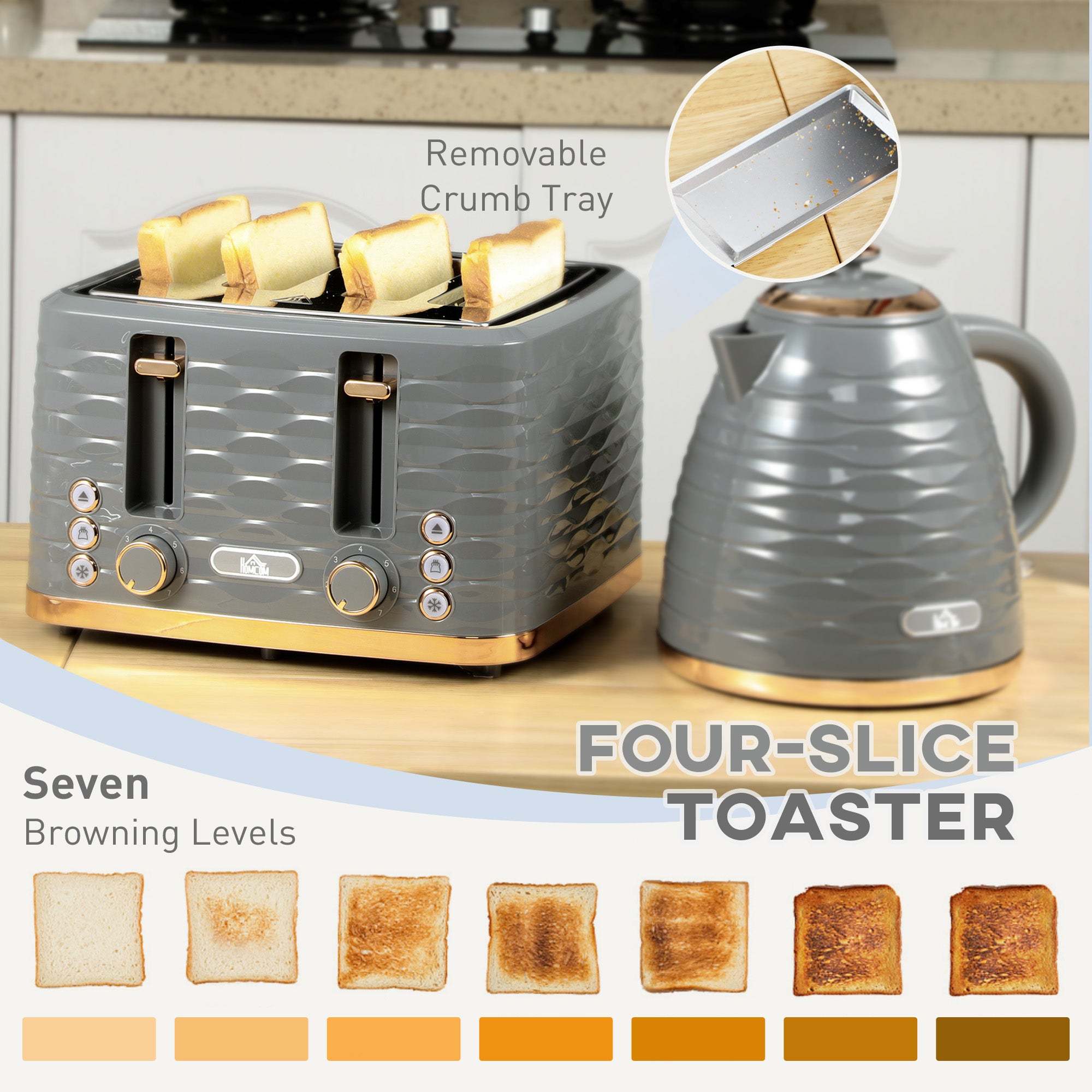 HOMCOM Kettle and Toaster Sets, 3000W 1.7L Rapid Boil Kettle & 4 Slice Toaster with 7 Browning Controls, Defrost, Reheat and Crumb Tray, Otter thermostat, Grey - North Peak Garden Furniture