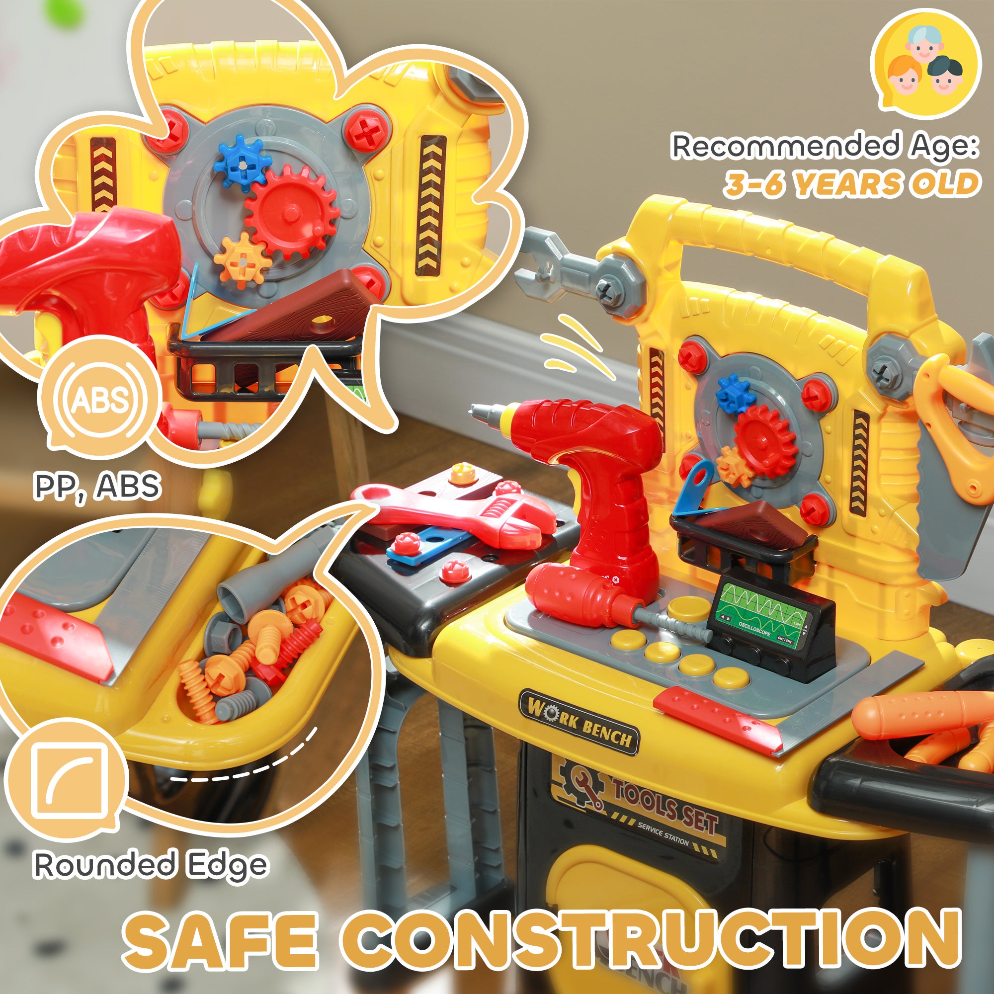 AIYAPLAY 102-Piece Kids Tool Bench with Electric Drill, Storage for Ages 3-6 Years, Yellow - North Peak Garden Furniture