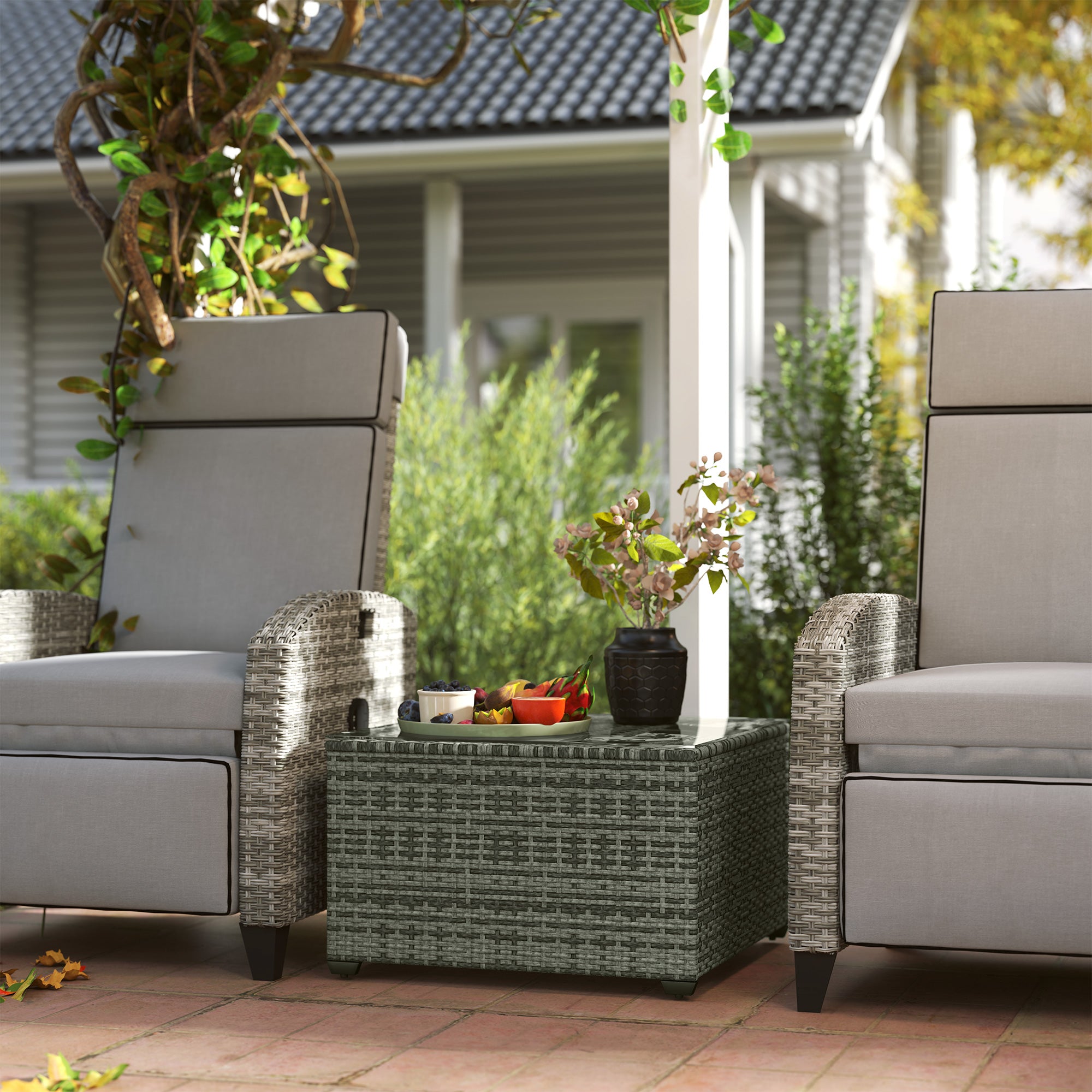 Outsunny 62 x 62cm Glass-Top Rattan Side Table - Light Grey - North Peak Garden Furniture