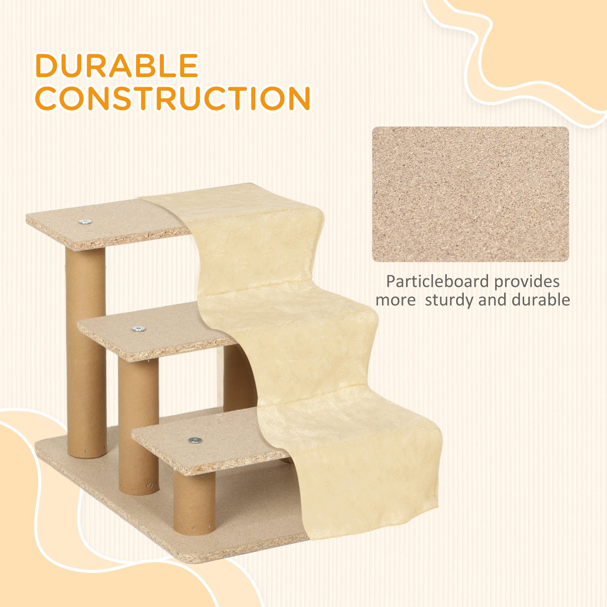 PawHut Three-Step Dog Stairs, with Washable Plush Cover, for High Bed Sofa, Dog Stairs for Small Dog and Cat - Beige - North Peak Garden Furniture