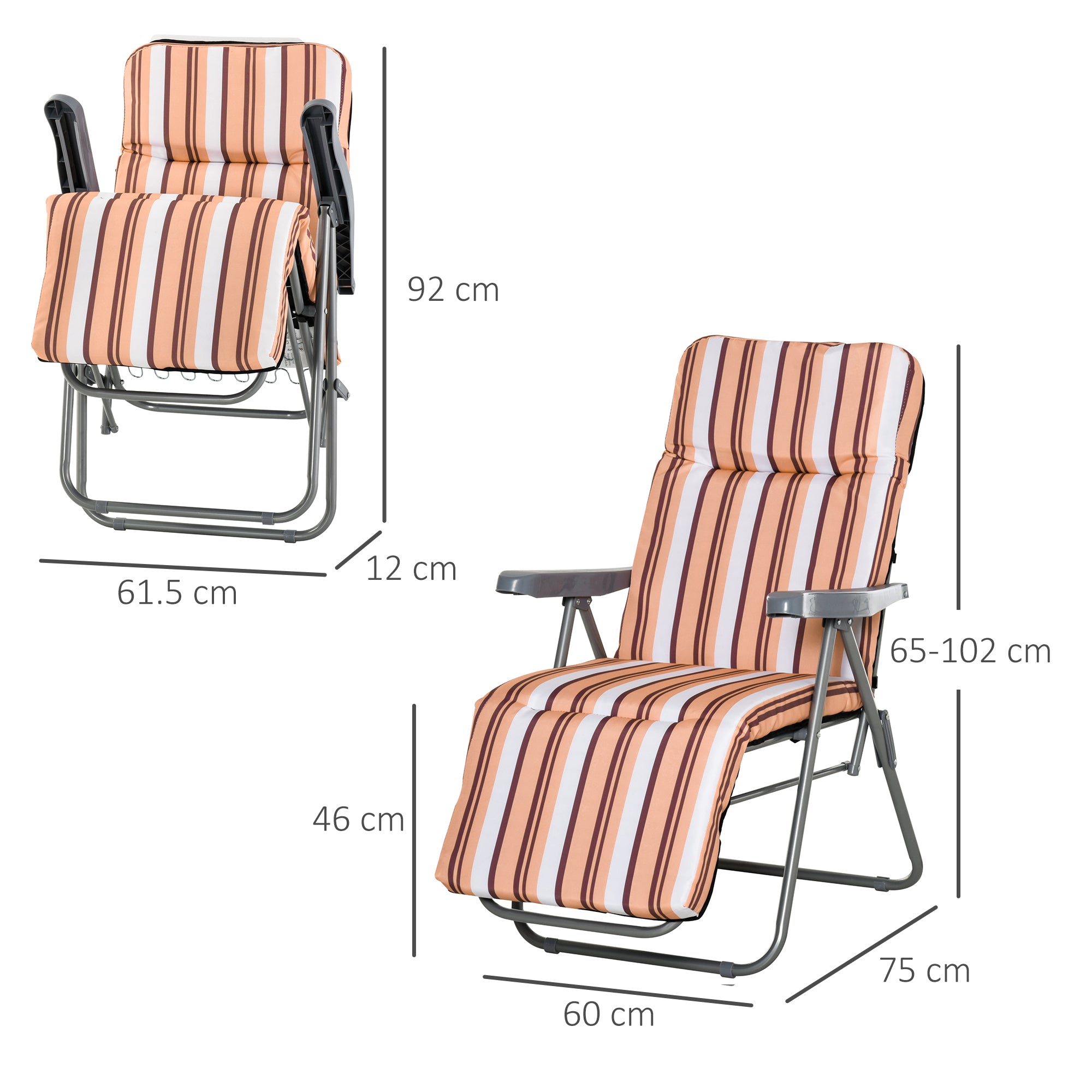 Outsunny Set of 2 Garden Sun Lounger Outdoor Reclining Seat Cushioned Seat Foldable Adjustable Recliner Orange and White - North Peak Garden Furniture