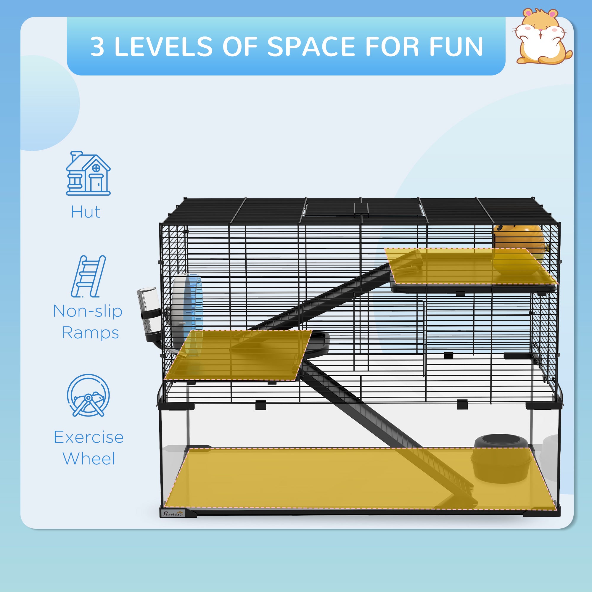 PawHut 3 Tiers Hamster Cage, Gerbil Cage with Deep Glass Bottom, Non-Slip Ramps, Platforms, Hut, Exercise Wheels, Water Bottle, Dish, for Syrian Hamster, Dwarf Hamster, 78.5 x 48.5 x 57cm - North Peak Garden Furniture