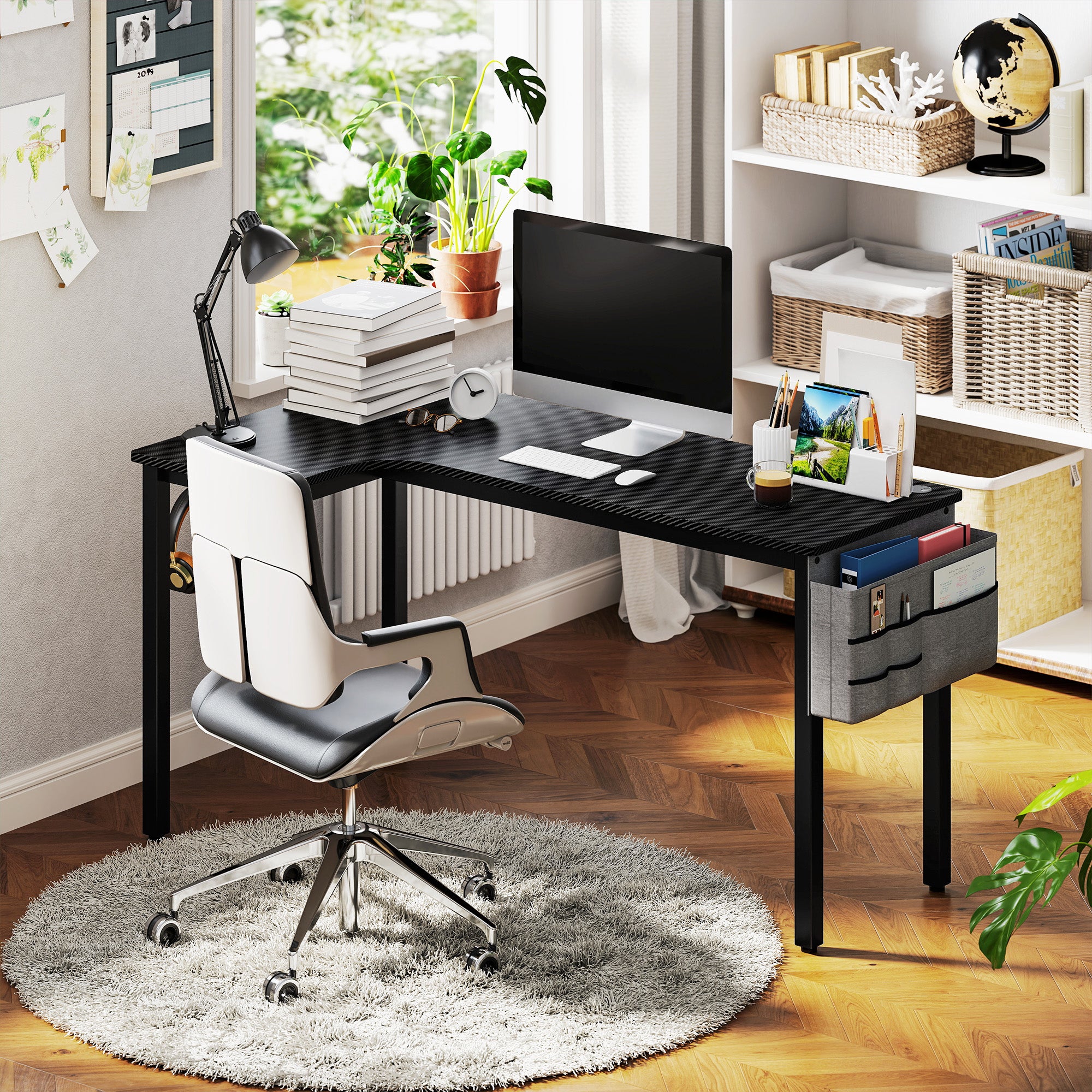 HOMCOM L-Shaped Computer Gaming Desk with Fabric Bag, Hooks and Cable Management, 145 x 81 x 76cm - Black - North Peak Garden Furniture