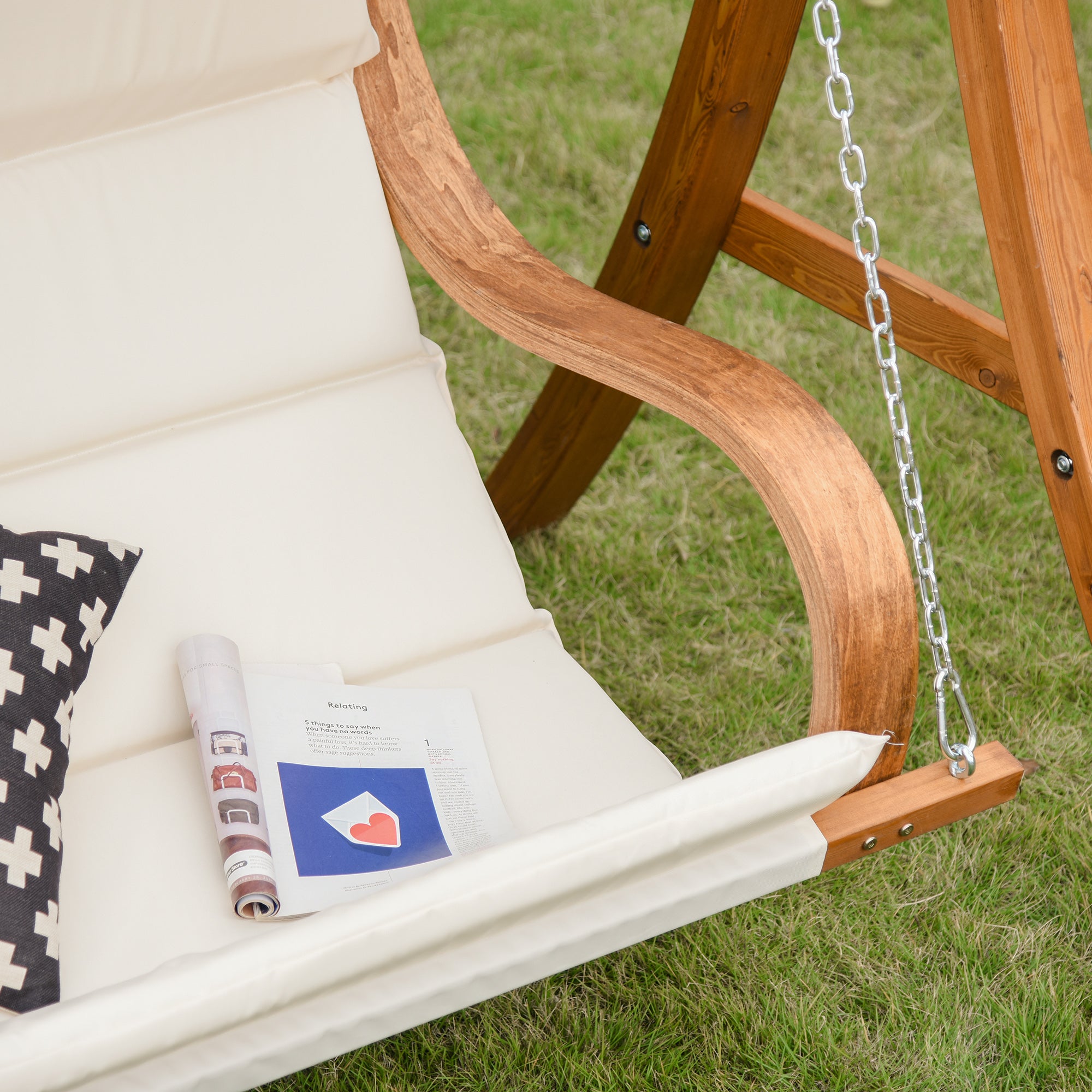Outsunny Wooden Porch A-Frame Swing Chair With Canopy and Cushion for Patio Garden Yard - North Peak Garden Furniture