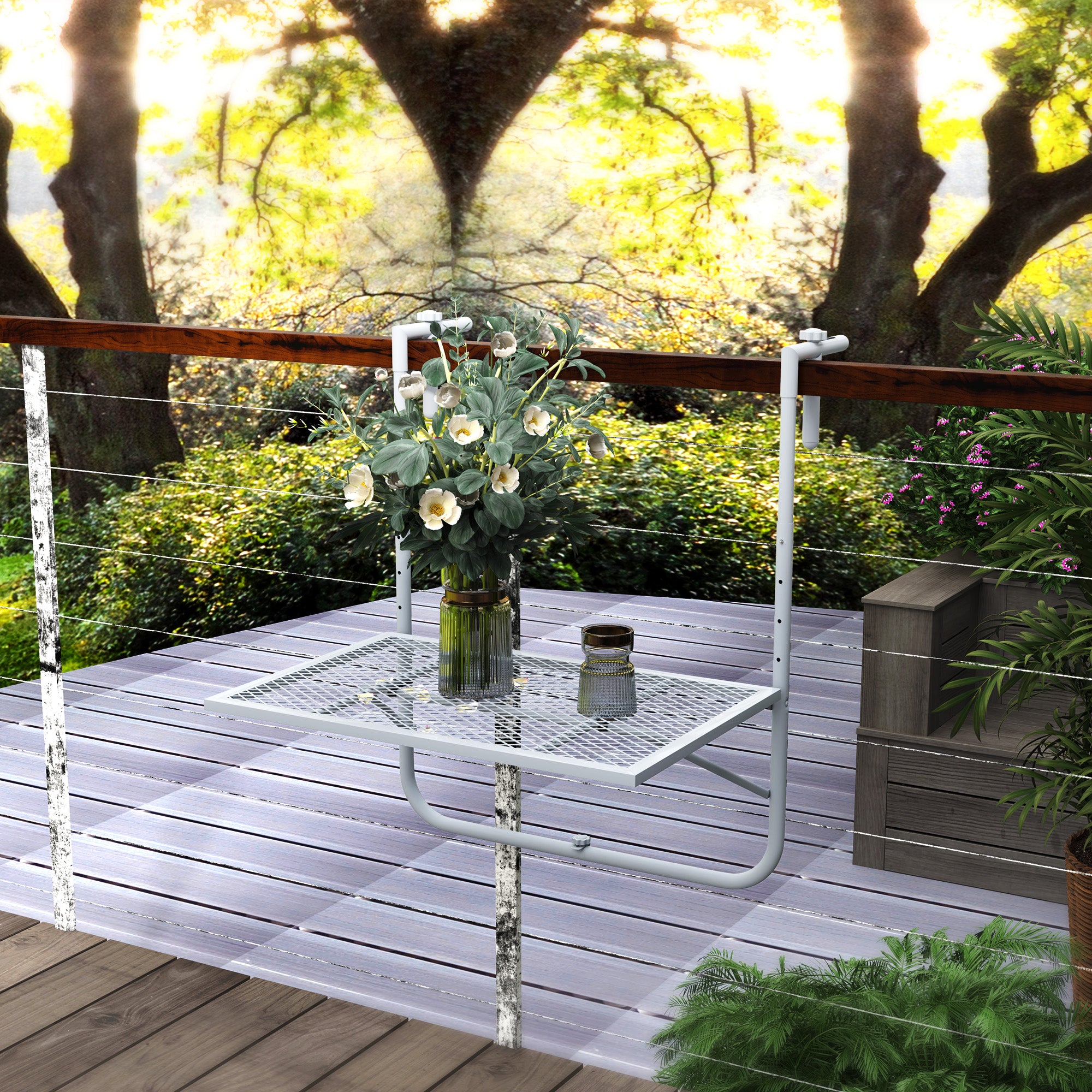 Outsunny Balcony Hanging Table, Metal Wall Mount Desk, Adjustable Folding Balcony Deck Table for Patio and Garden, Grey - North Peak Garden Furniture