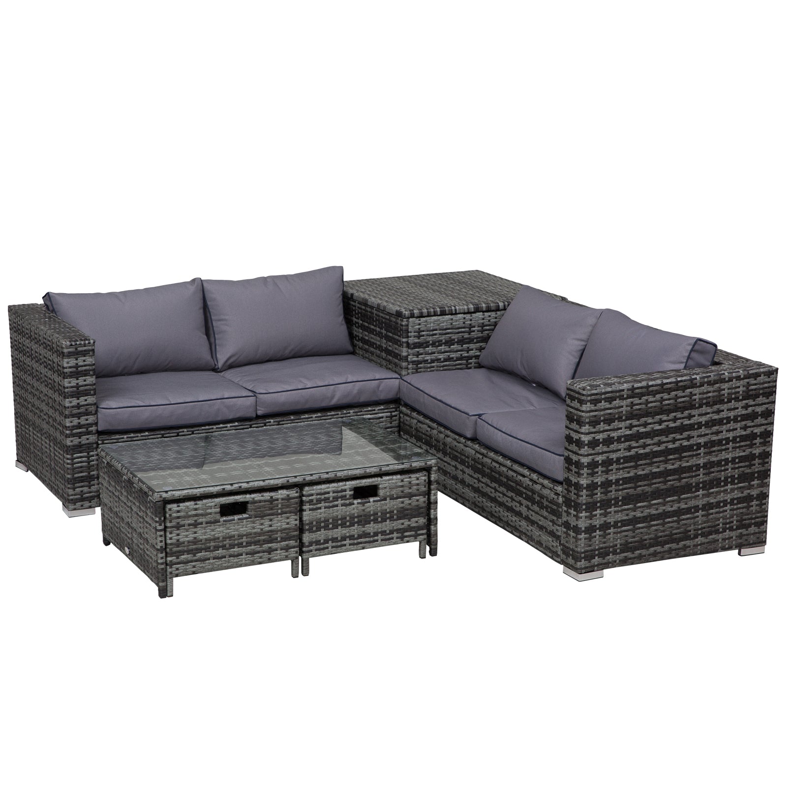 Outsunny 4 Pcs Rattan Wicker Garden Furniture Patio Sofa Storage & Table Set w/ 2 Drawers Coffee Table,Great Cushioned 4 Seats Corner Sofa - Grey - North Peak Garden Furniture