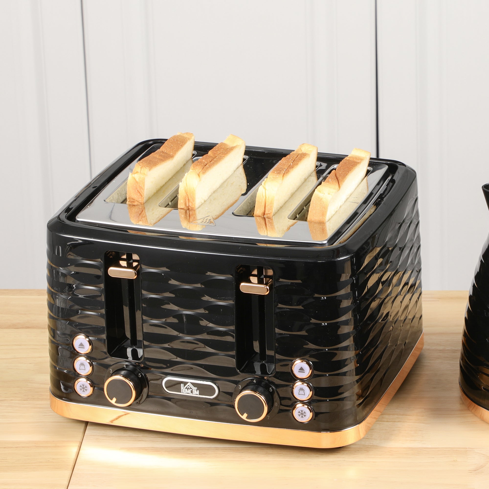 HOMCOM 4 Slice Toaster with 7 Browning Levels, High Lift, Reheat/Defrost/Cancel, Self-centring Function, Removable Crumb Tray, Auto Off, 1600W, Black Water Ripple Texture - North Peak Garden Furniture