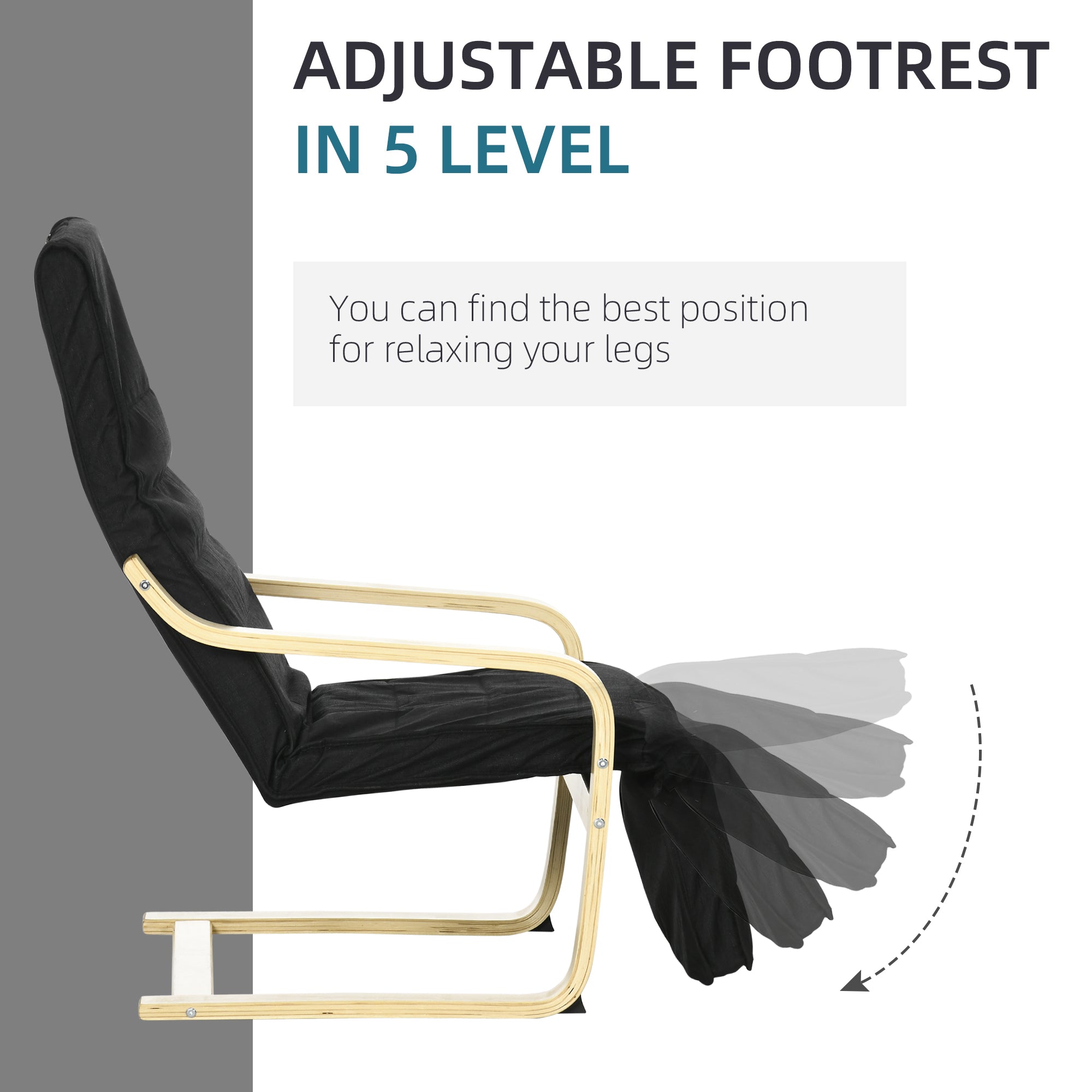 HOMCOM Wooden Lounging Chair Deck Relaxing Recliner Lounge Seat with Adjustable Footrest & Removable Cushion Cover, Black - North Peak Garden Furniture