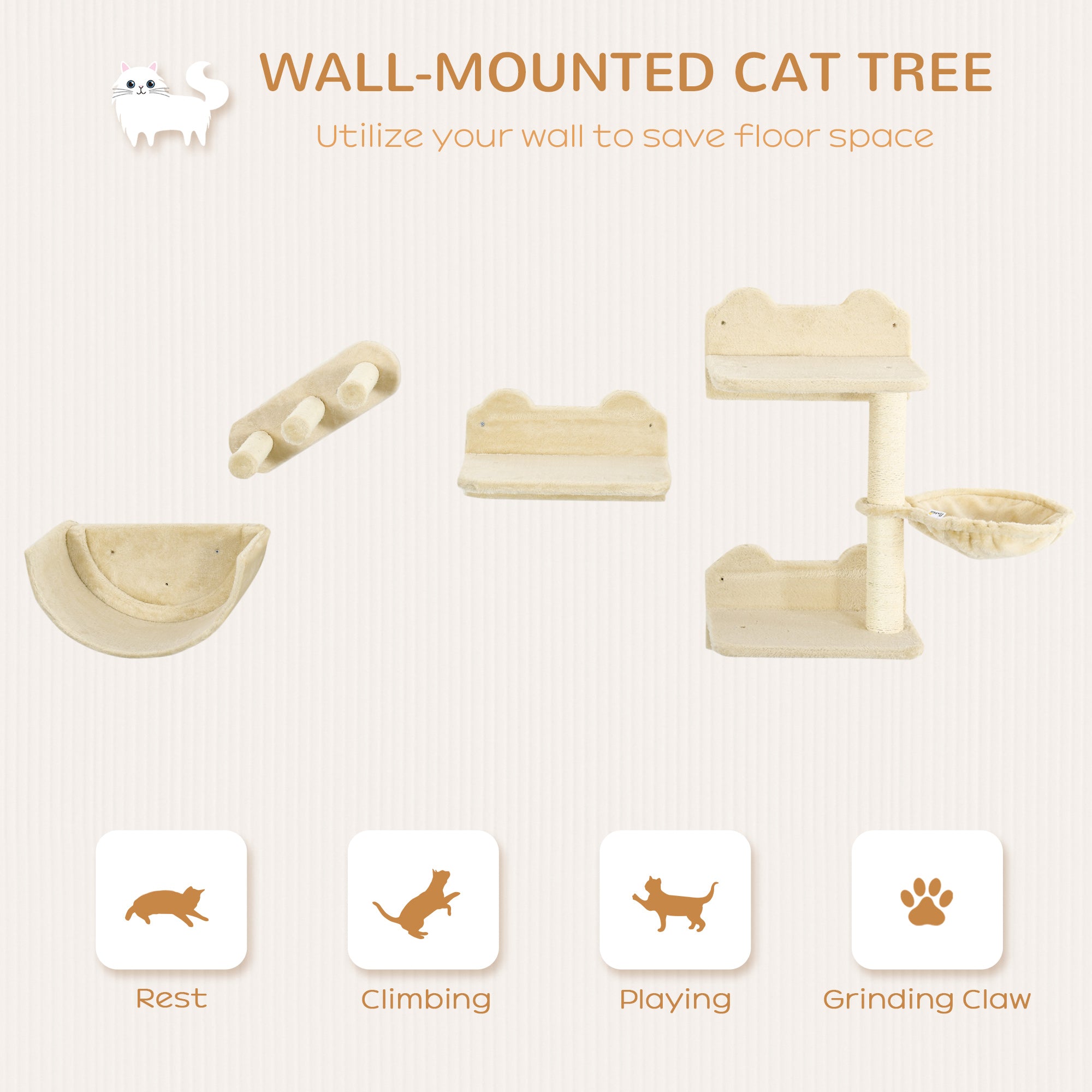 PawHut 4PCs Wall-Mounted Cat Shelves w/ Scratching Post, Hammock, Nest - Beige - North Peak Garden Furniture