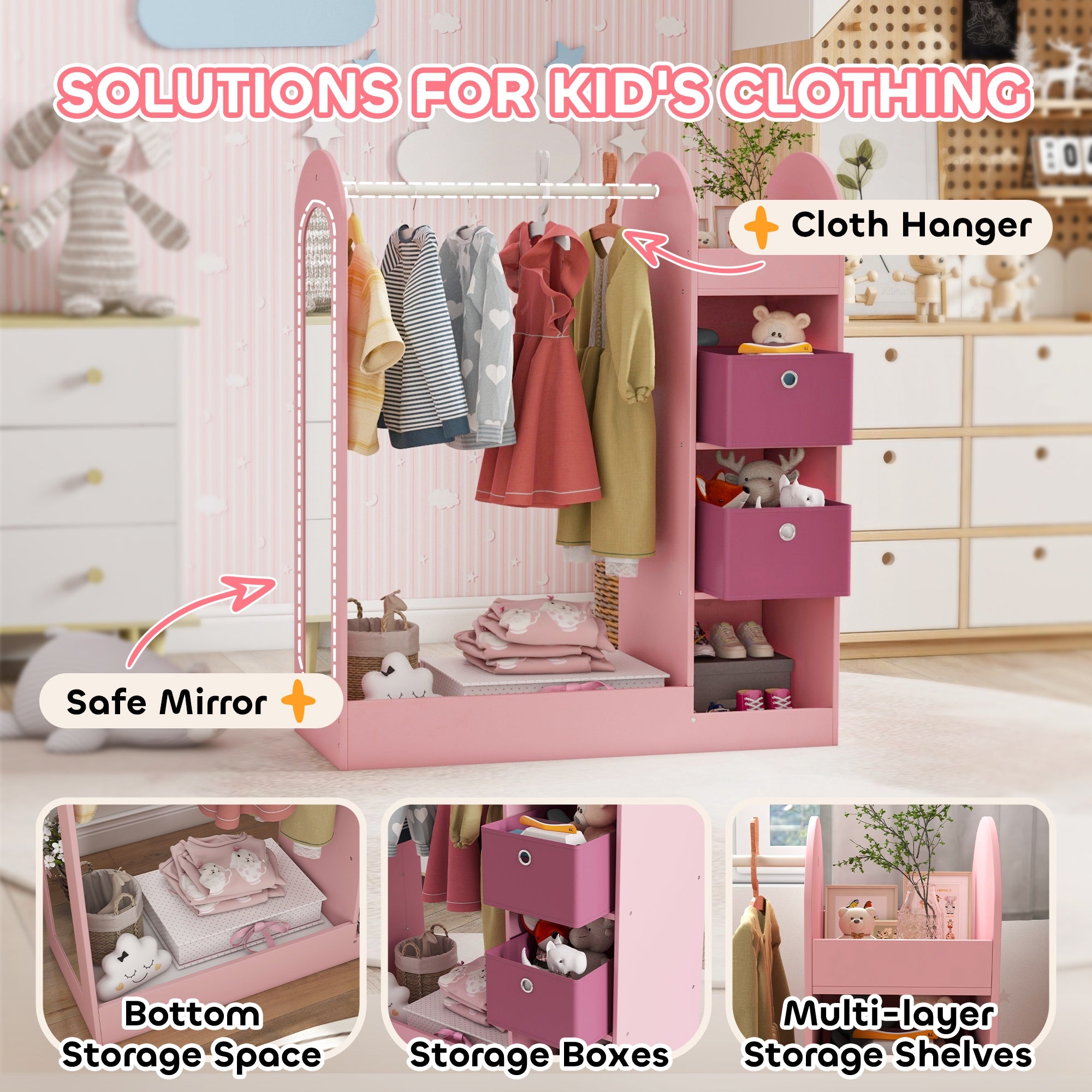 AIYAPLAY Kids Clothes Rail with Storage Shelf, Boxes, Mirror for Bedroom, Nursery, Pink - North Peak Garden Furniture