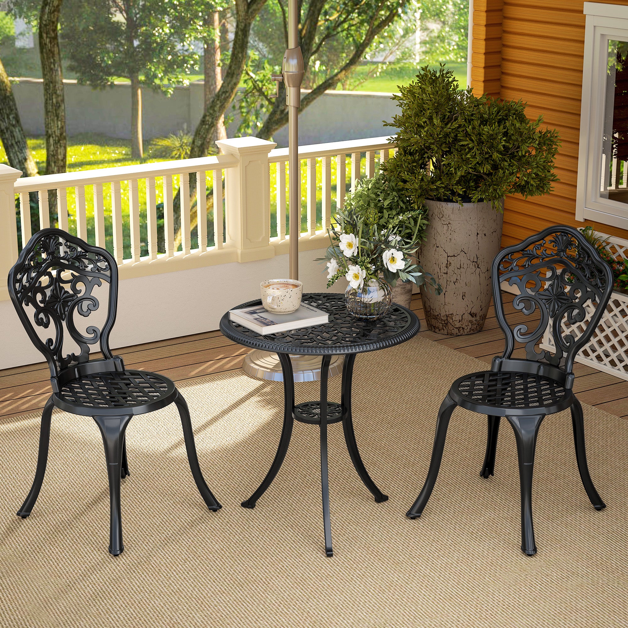 Outsunny Three-Piece Aluminium Floral Bistro Set - Black - North Peak Garden Furniture