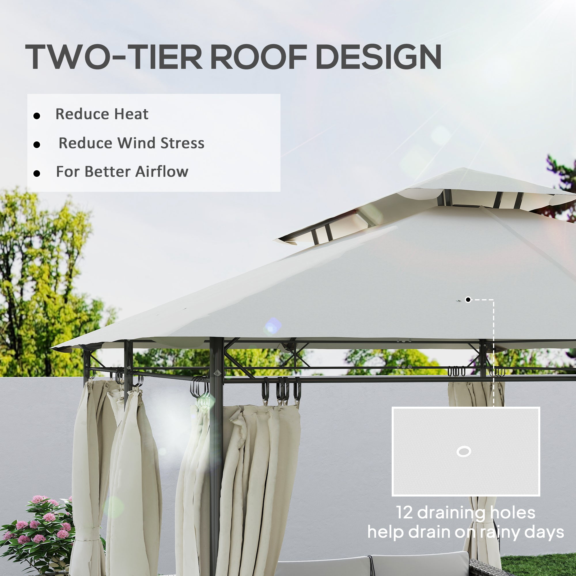 Outsunny 3 x 4m Metal Frame, Two-Tier Roof Gazebo - Cream White