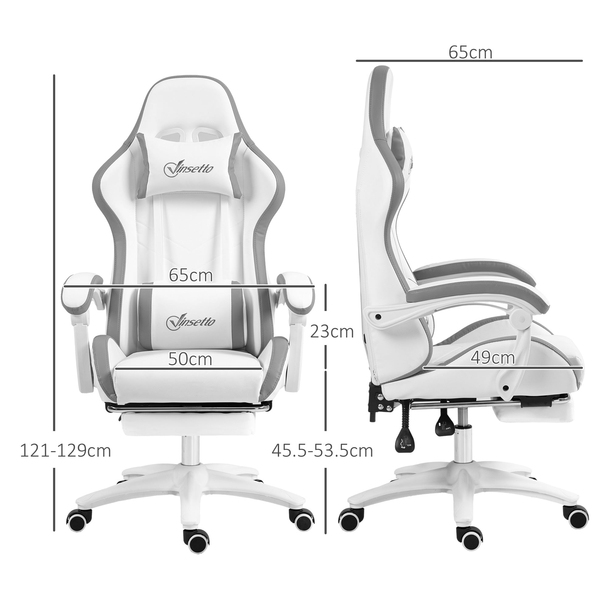 Vinsetto Computer Gaming Chair, PU Leather Desk Chair with Footrest, Swivel Task Chair with 135° Reclining Back and Lumbar Support, PC Chair for Adults, White and Grey - North Peak Garden Furniture