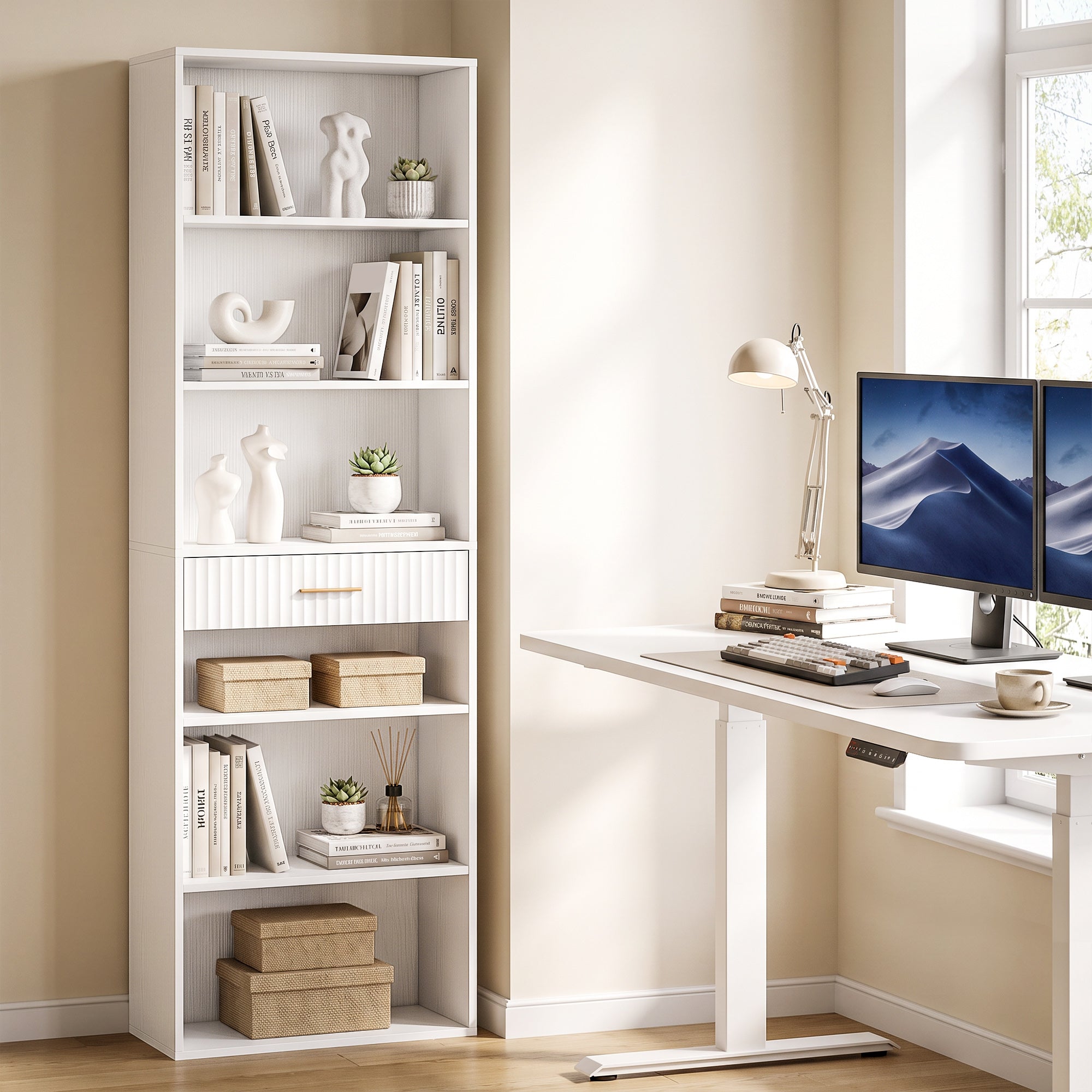 HOMCOM Bookcase Narrow Tall Space-Saving Bookshelf Drawer Open Shelves 60 x 24 x 182 cm White