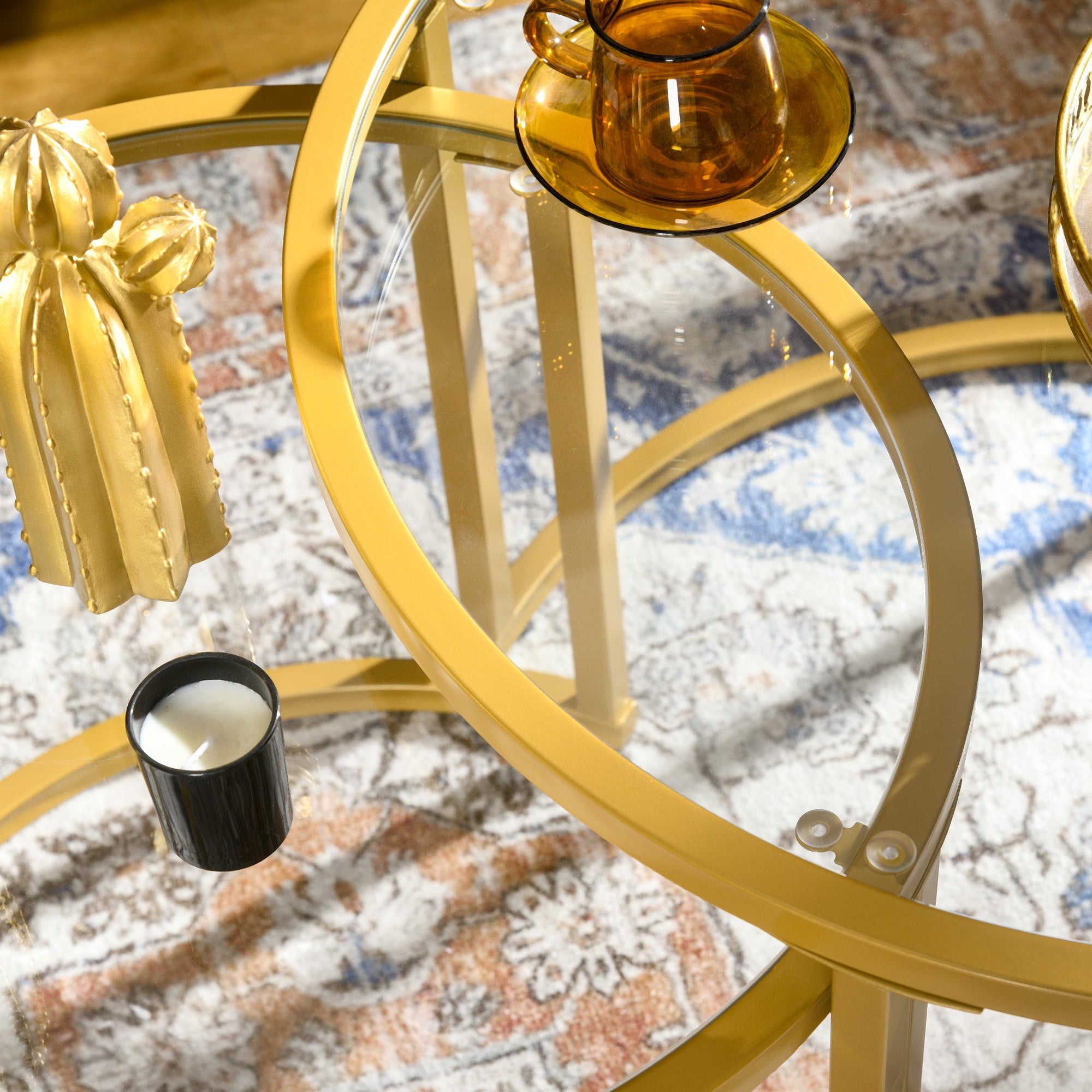 HOMCOM Coffee Table Set of 2, Modern Nest of Tables with Tempered Glass Top, Steel Frame for Living Room, Gold Tone - North Peak Garden Furniture