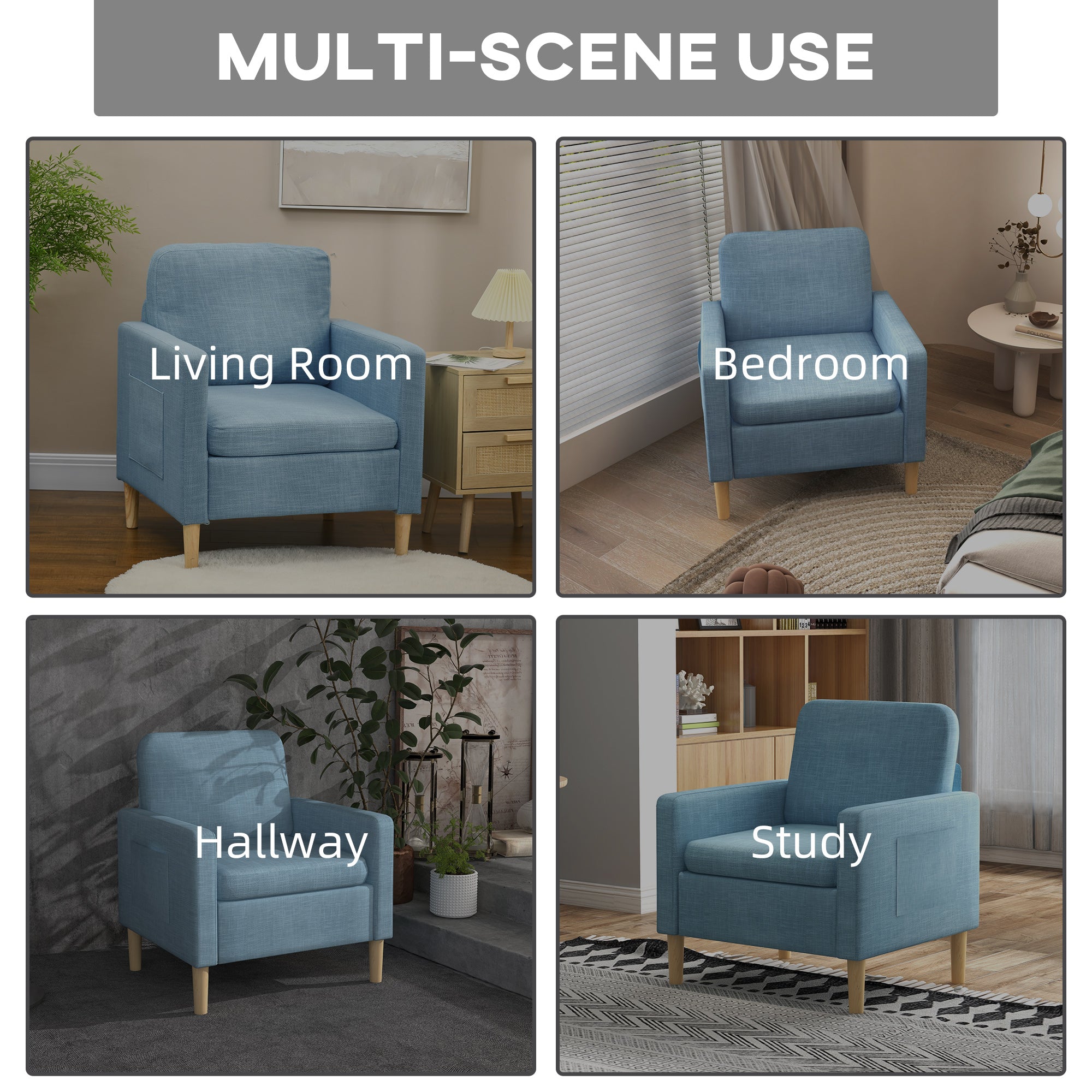 HOMCOM Modern Accent Chair, Comfy Fireside Chair, Upholstered Armchair for Living Room, Bedroom, Home Office, Blue - North Peak Garden Furniture