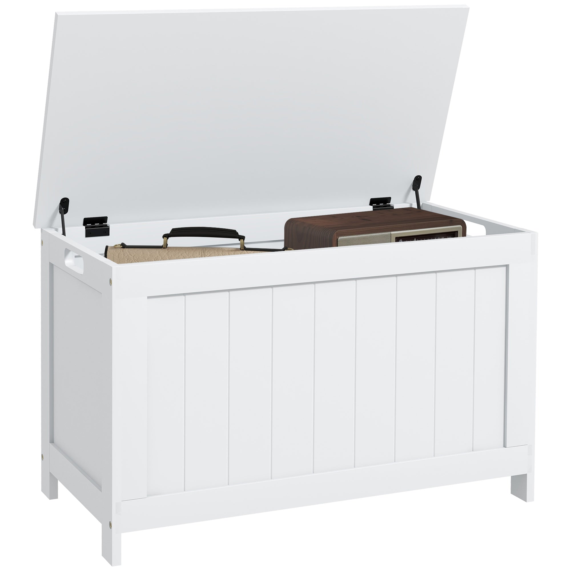 HOMCOM Storage Chest, Modern Storage Trunk with 2 Safety Hinges and Cut-out Handles, Wooden Toy Box for Living Room, Entryway, 76 x 40 x 48 cm, White - North Peak Garden Furniture