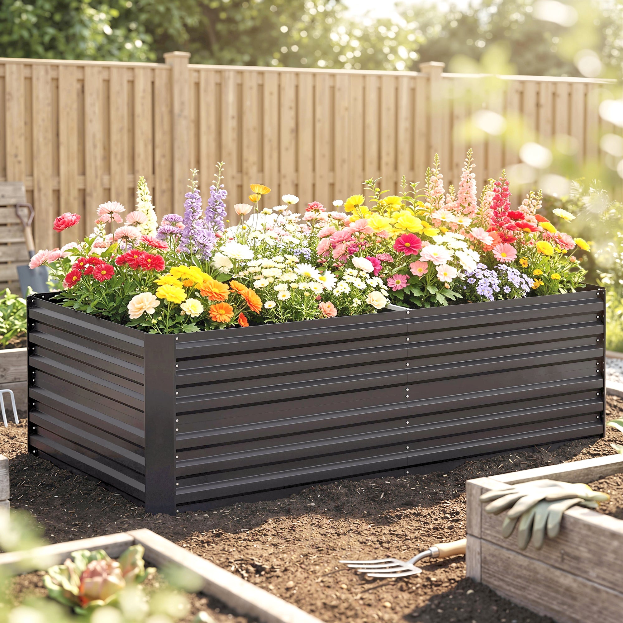 Outsunny Raised Beds for Garden, Galvanised Steel Outdoor Planters with Multi-reinforced Rods, 180 x 90 x 59 cm, Dark Grey