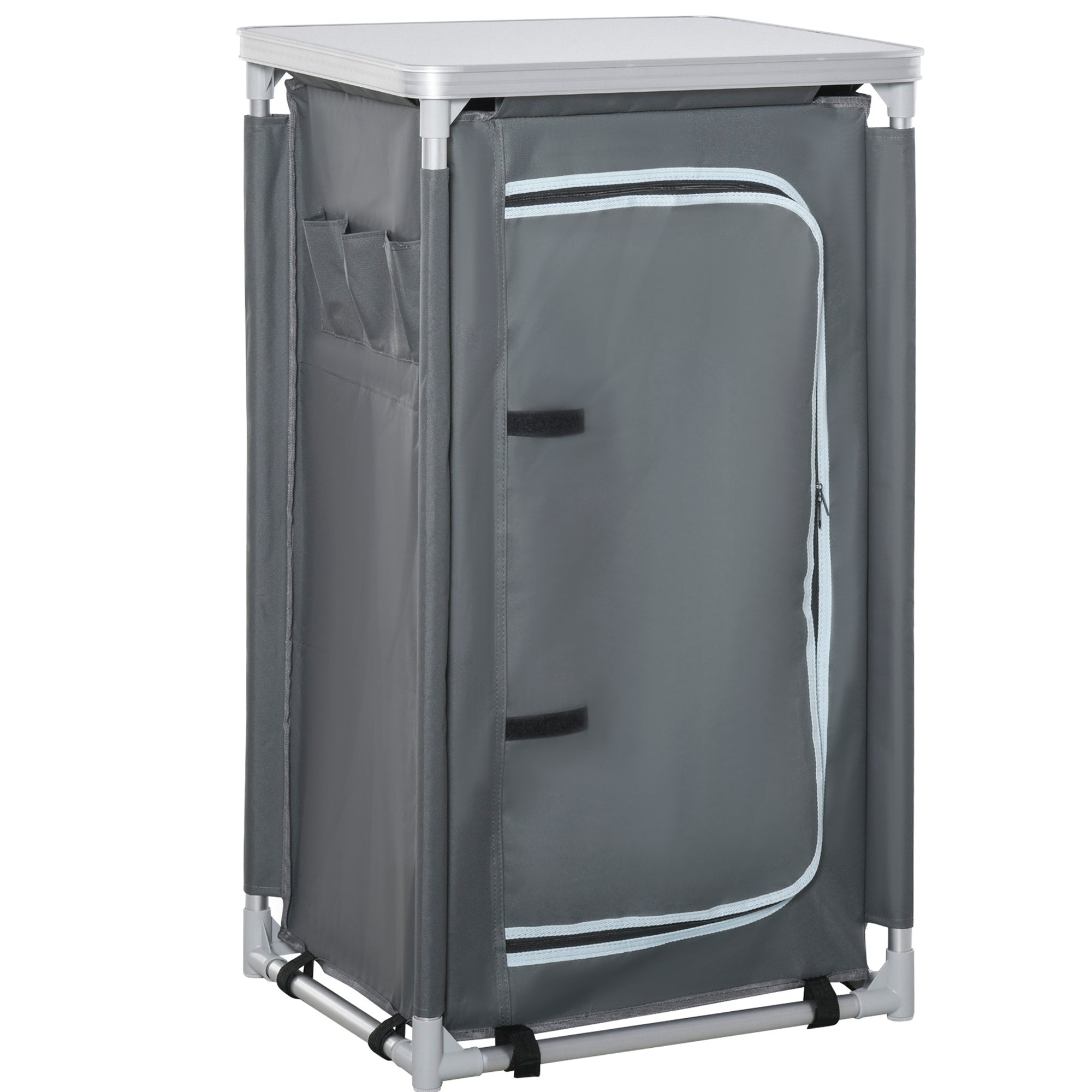 Outsunny 3-Shelf Camping Cupboard Camping Kitchen Station Cook Table, Storage Organiser for BBQ Party Picnics Backyards with Carrying Bag, Grey - North Peak Garden Furniture