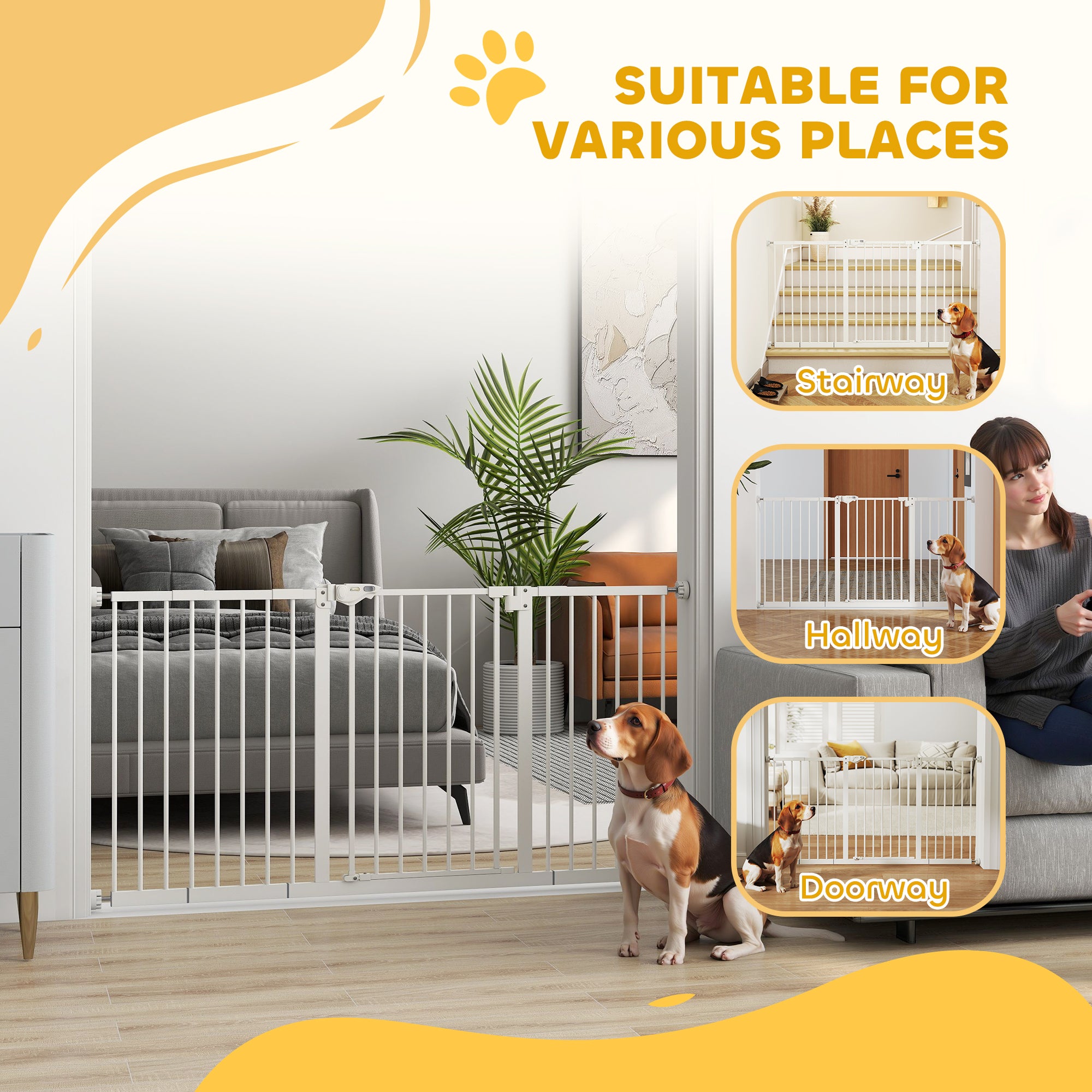 PawHut Dog Gate Stair Gate Pressure Fit Pets Barrier Auto Close for Doorway Hallway, 74-148cm Wide Adjustable, White - North Peak Garden Furniture
