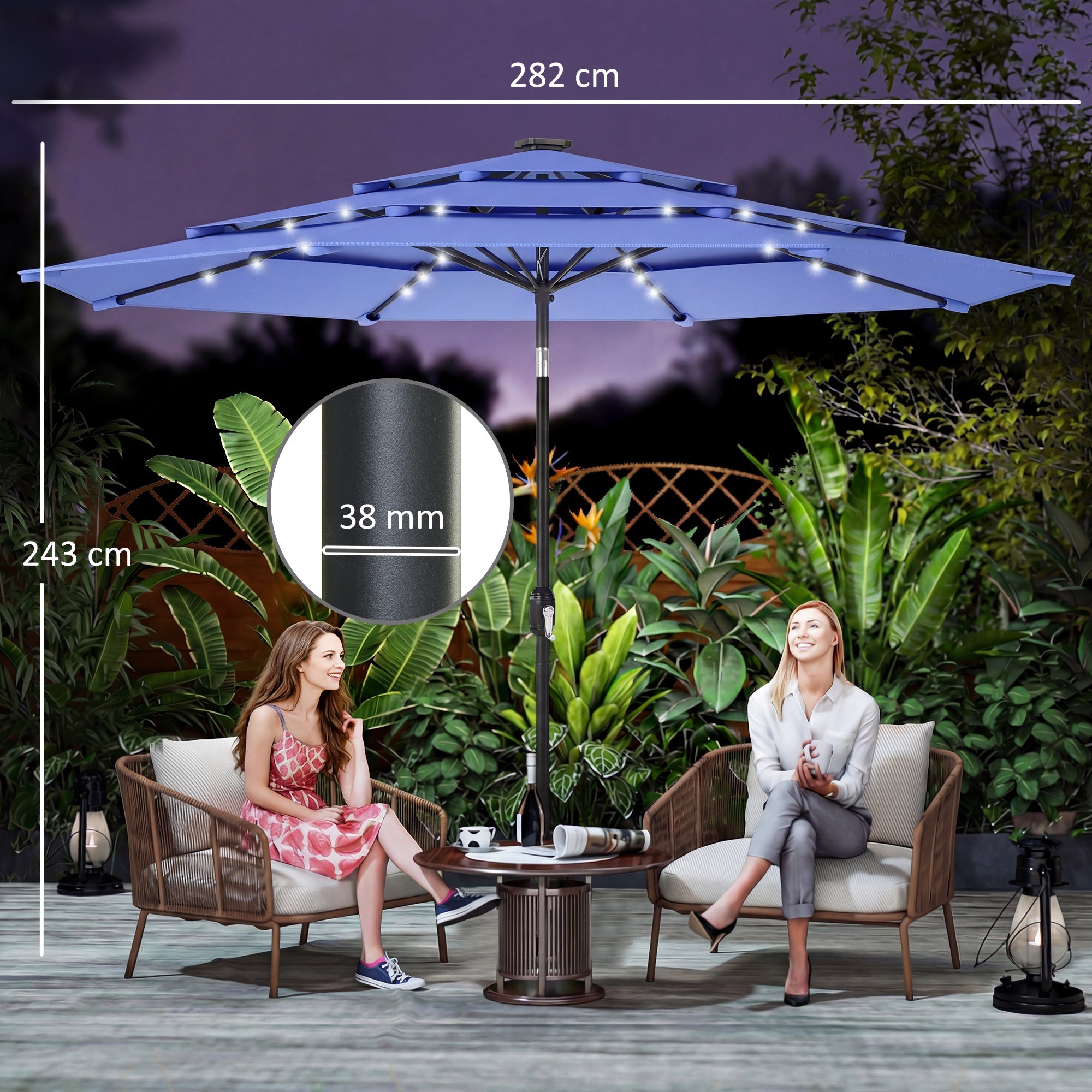 Outsunny 2.8 m Garden Parasol Umbrella with LED Solar Light, Parasol Cover, 3 Tier Outdoor Table Market Patio Umbrella, Navy Blue