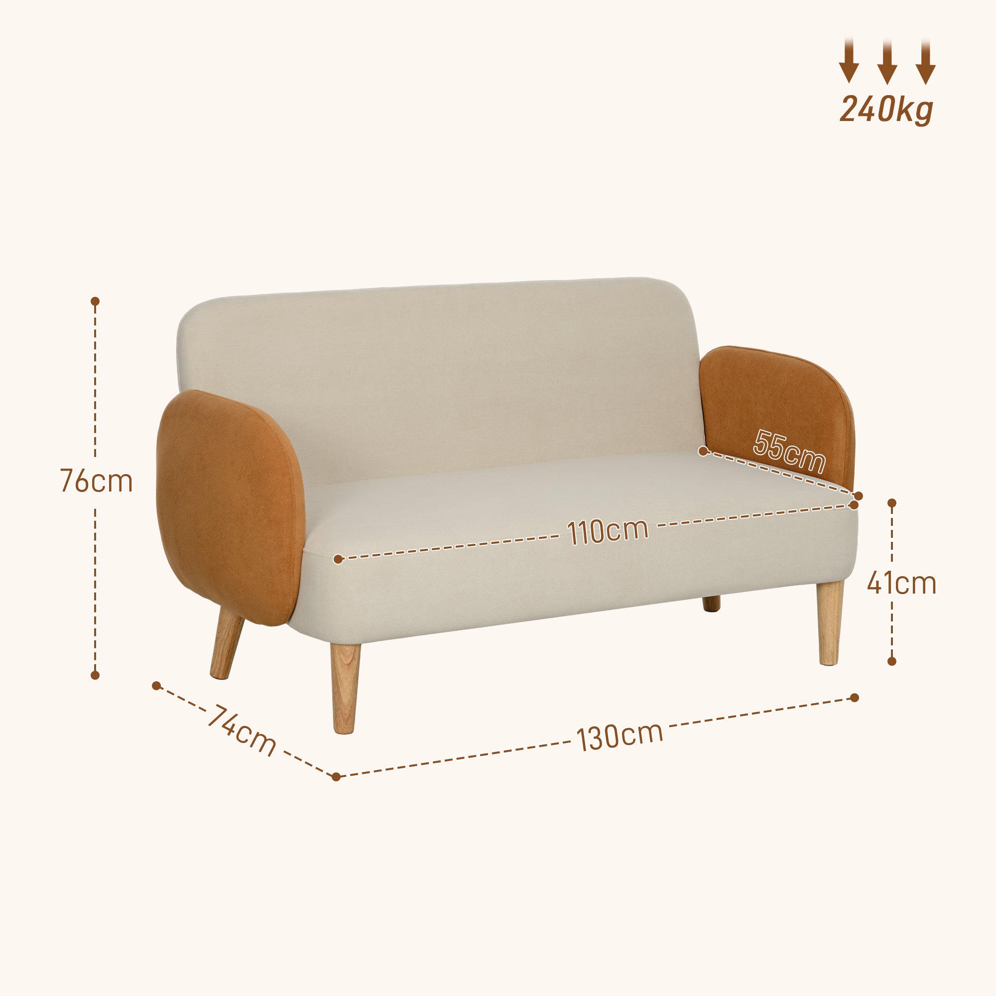 HOMCOM Two-Seater Velvet-Feel Mid Century Sofa - Cream/Orange