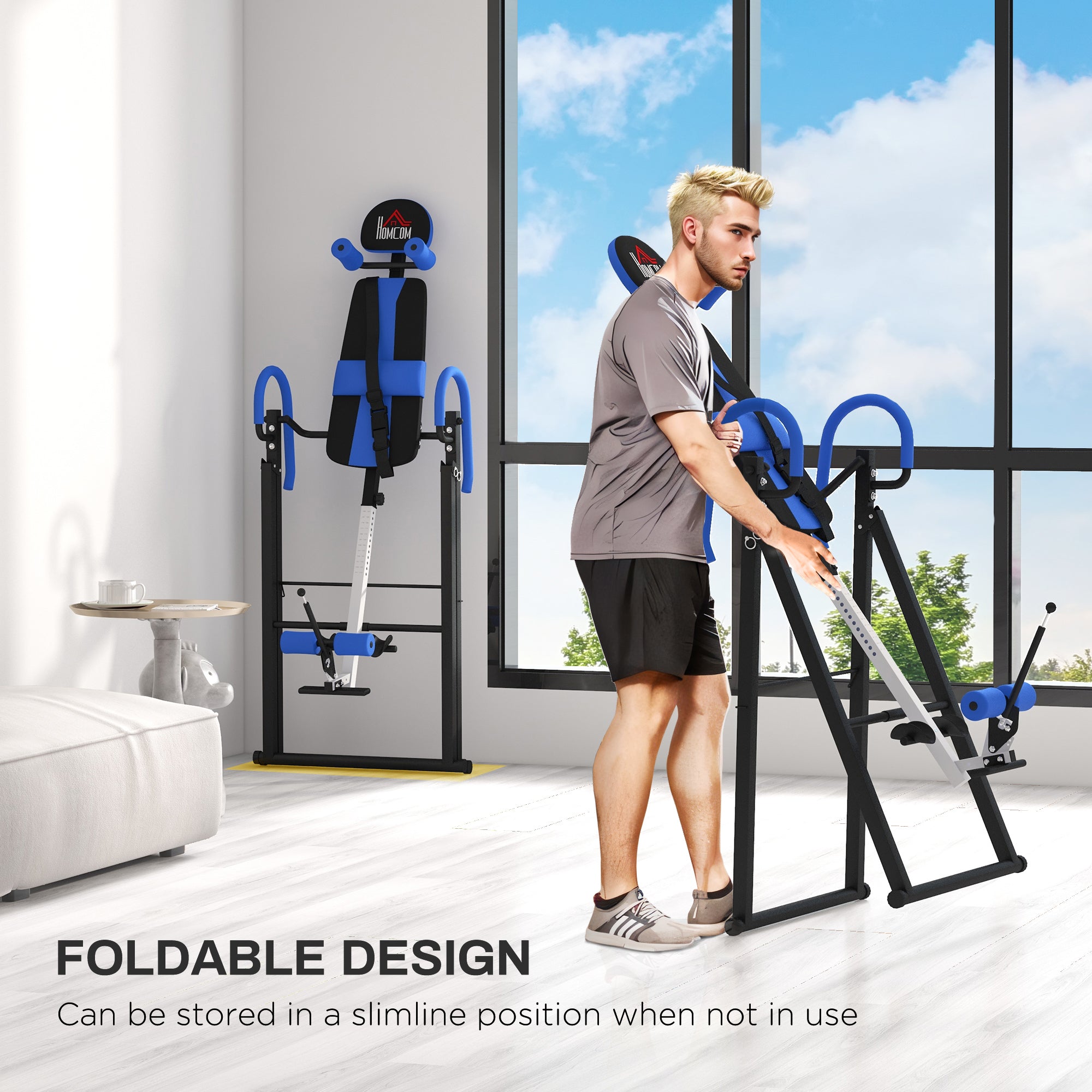 HOMCOM Gravity Inversion Table with Safety Belt Adjustable Hand Stand for Muscle Pain Relief, Blue - North Peak Garden Furniture