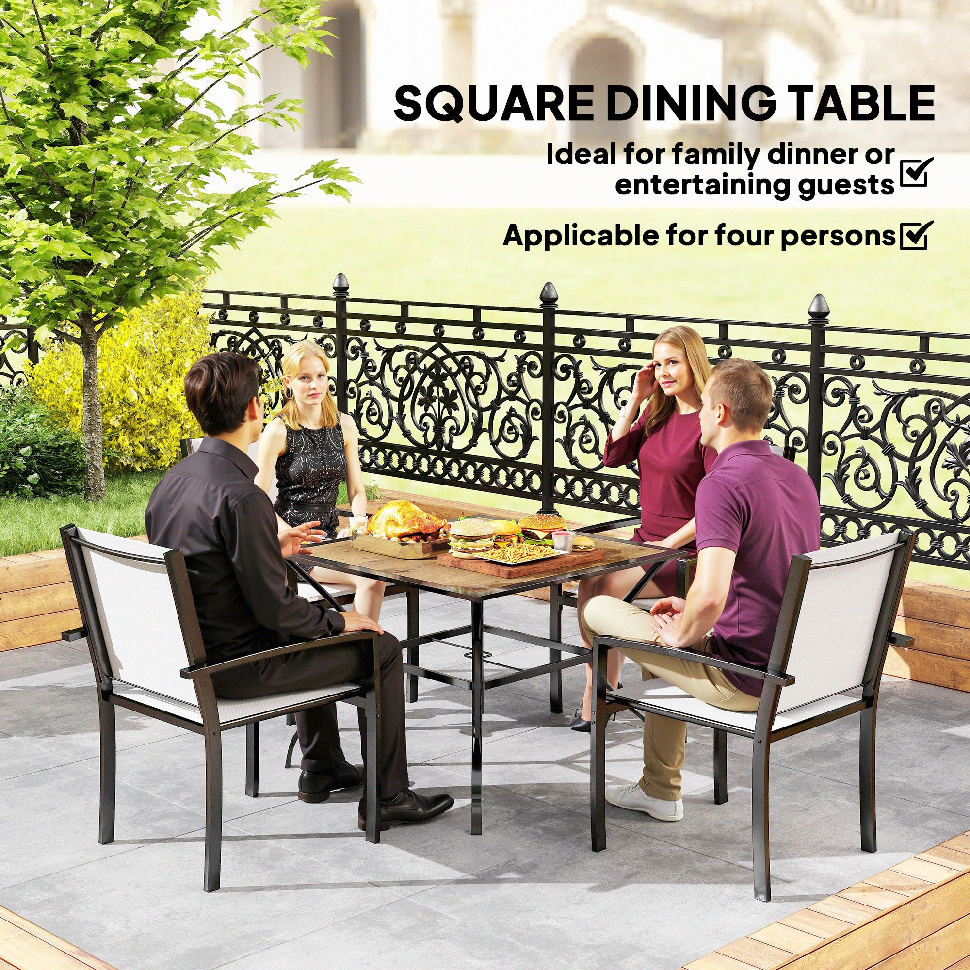 Outsunny Outdoor Garden Table Dining Table for 4 with Parasol Hole, Stone-Grain Effect PC Board Top for Patio, Garden, Brown - North Peak Garden Furniture