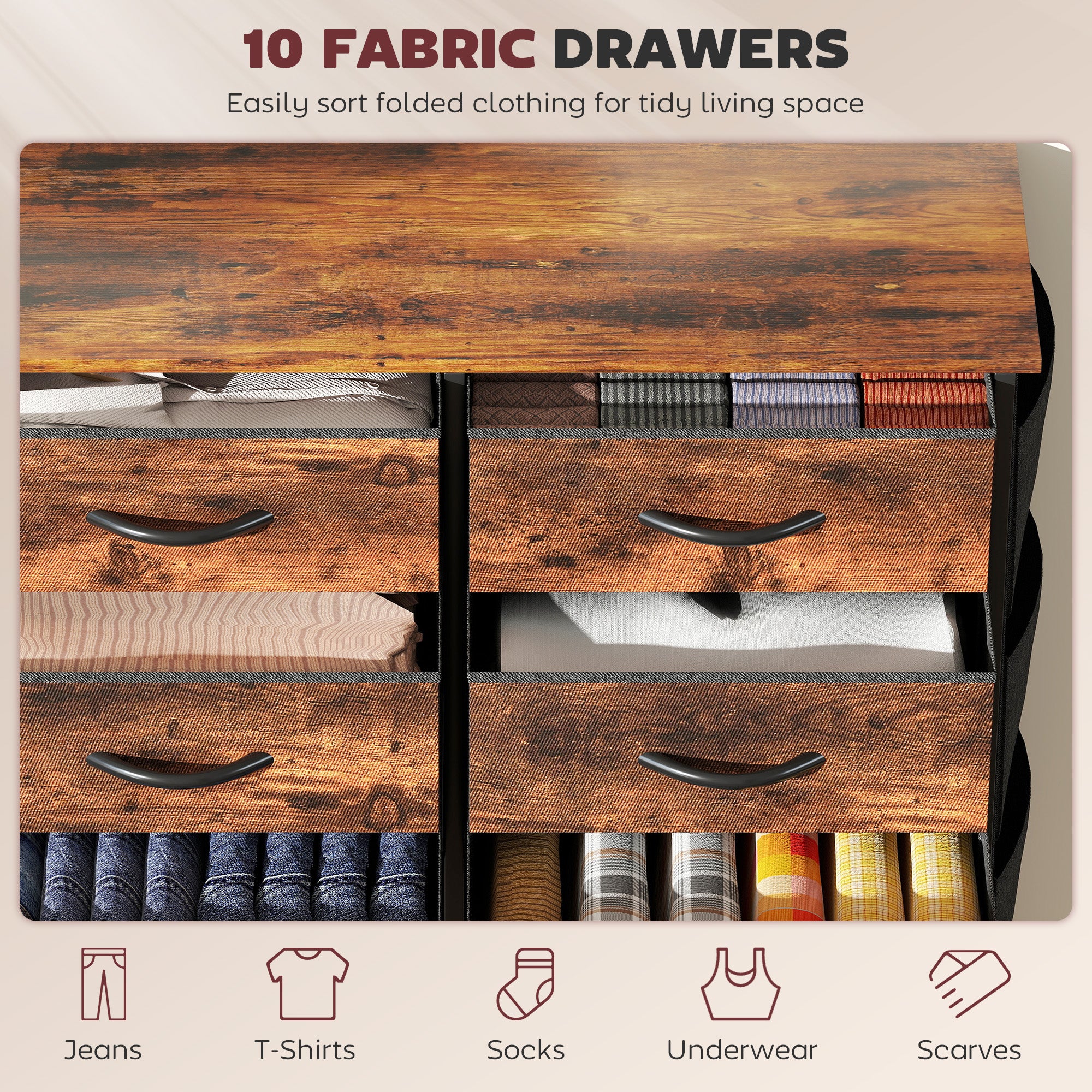HOMCOM Chest of Ten Fabric Drawers - Rustic Brown