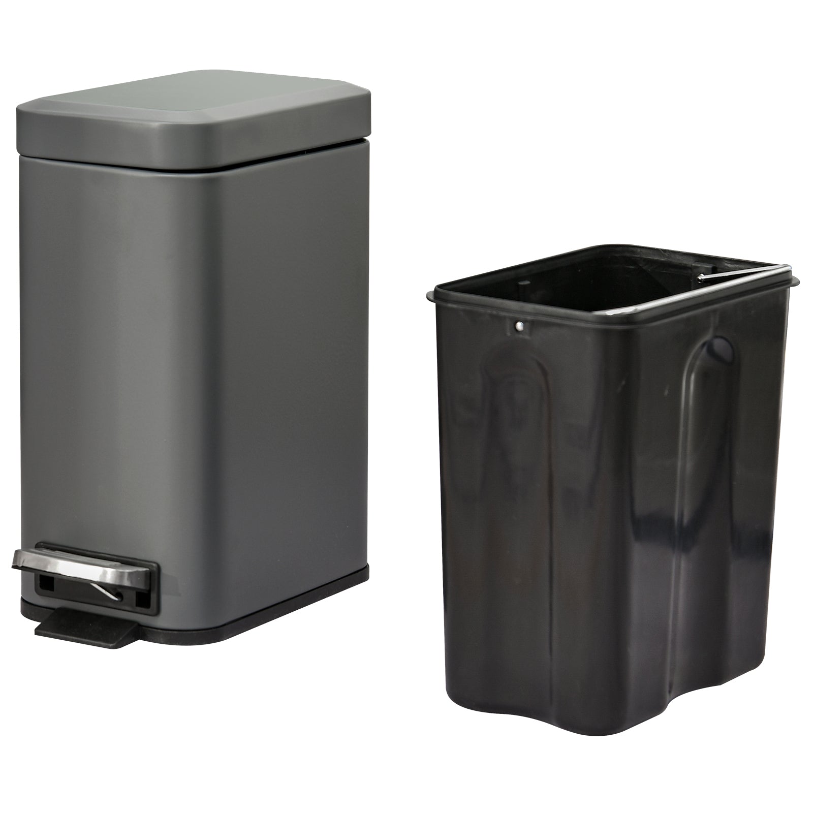 HOMCOM 5L Rectangular Compact Bin Steel Body Removable Bucket Quiet-Close Lid w/ Pedal Lid Rubbish Trash Can Home Office Bedroom Bathroom Living Room Garbage Tidy Clean Grey - North Peak Garden Furniture