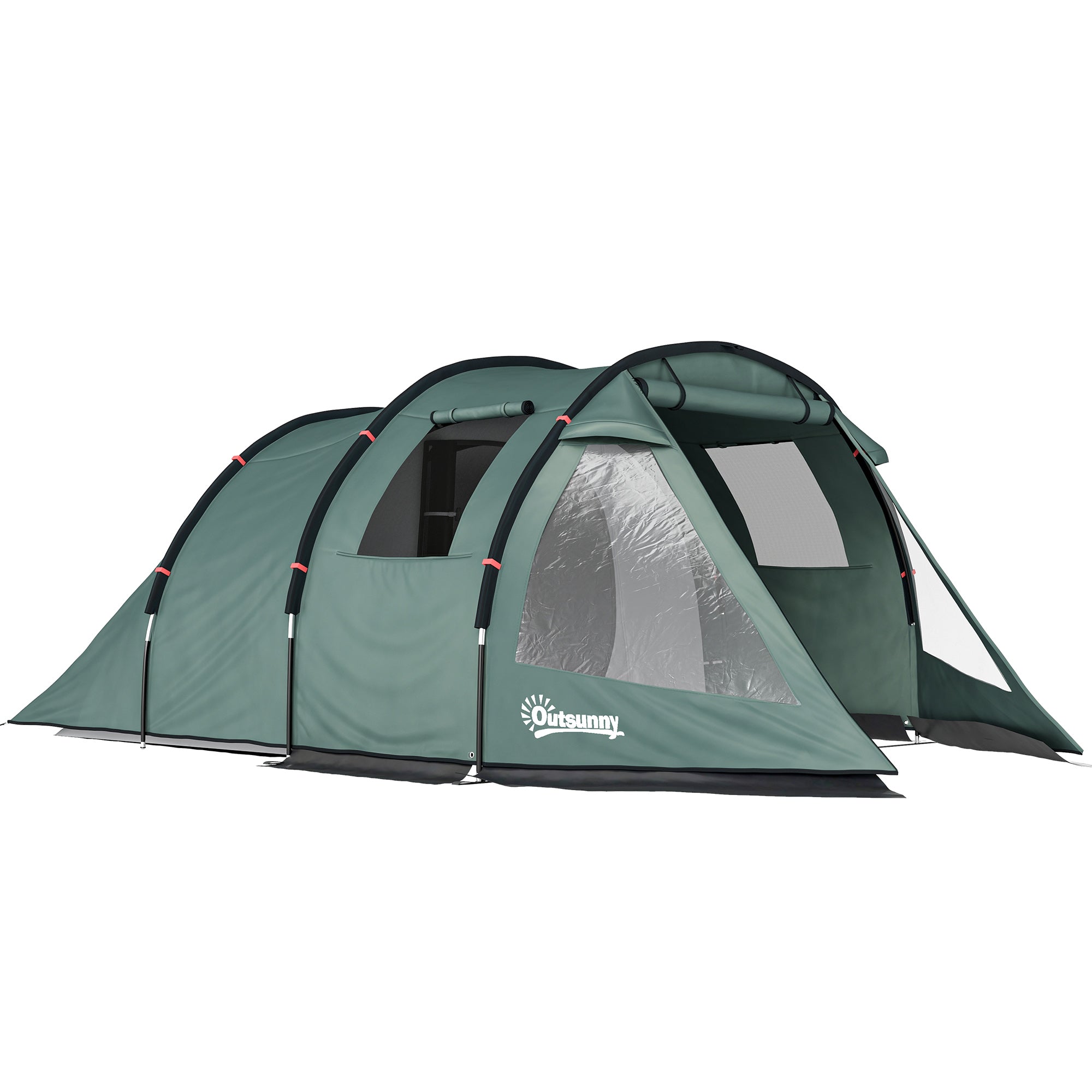 Outsunny Two Room Tunnel Tent Camping Tent for  3-4 Man with Windows, Covers, Carry Bag, for Fishing, Hiking, Sports, Green
