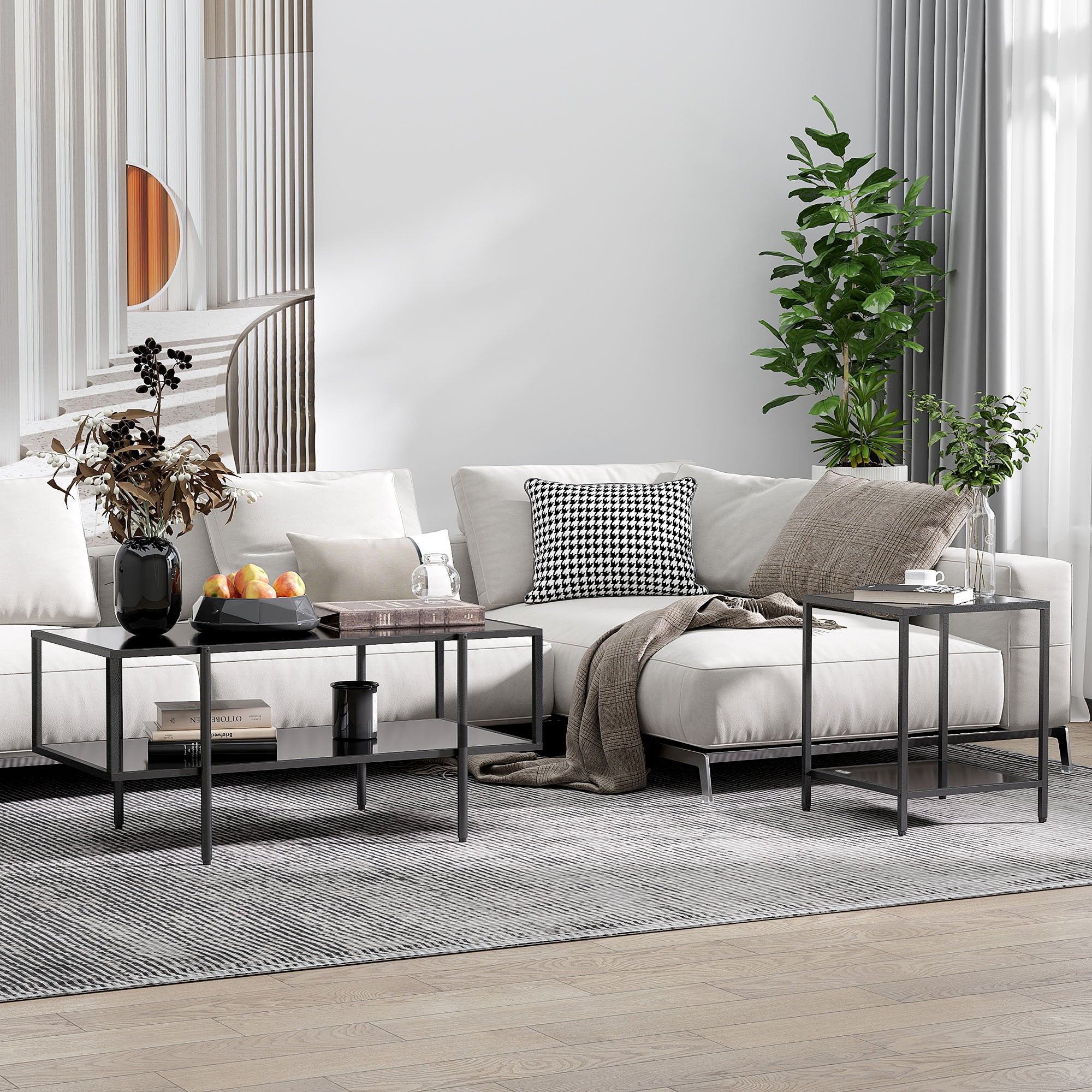 HOMCOM Side Table with Tempered Glass Top, End Table with 2-Tier Storage, Classic Accent Table with Steel Frame, Black - North Peak Garden Furniture