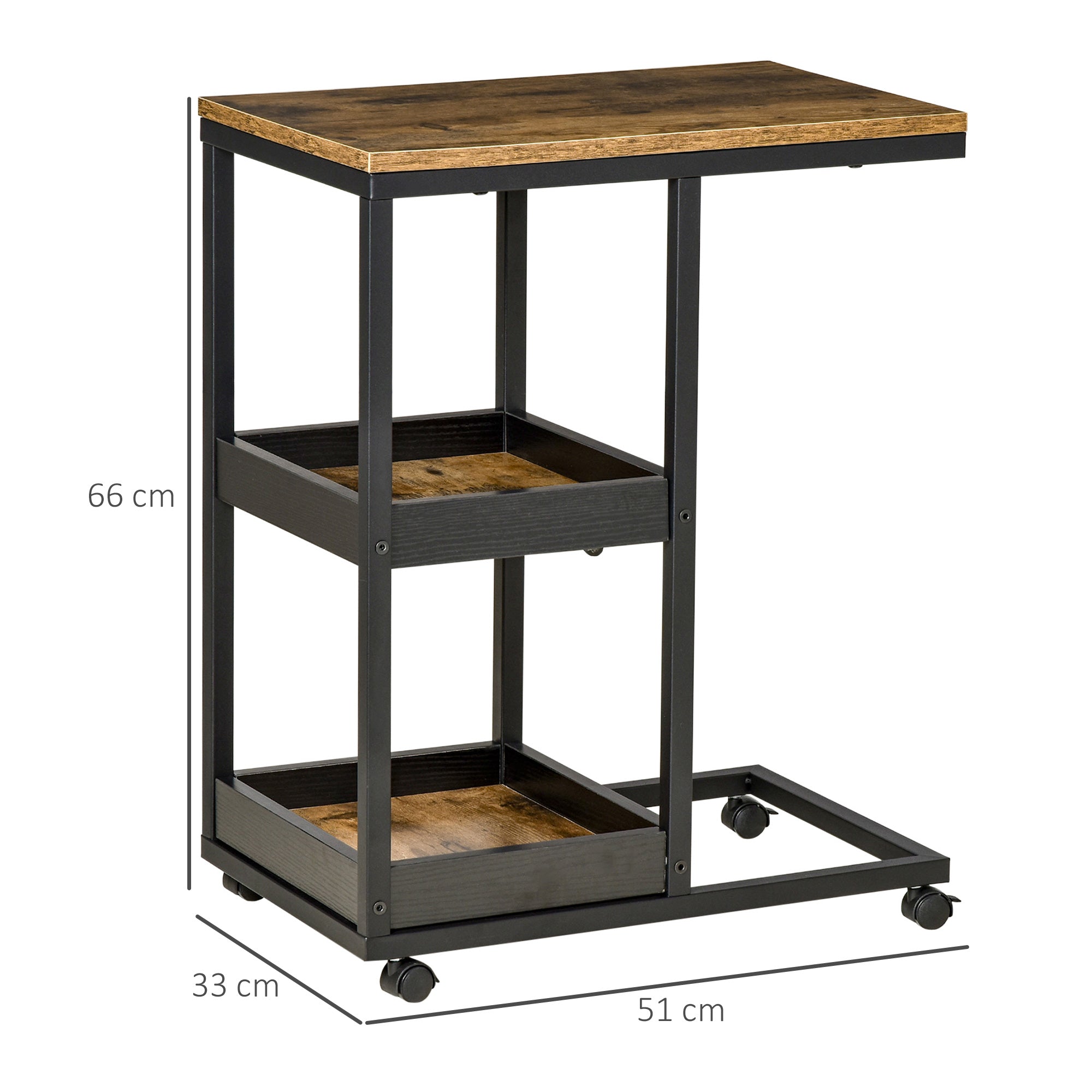 HOMCOM Industrial Mobile Sofa Side Table C-Shaped Rolling Couch Table with 3-Tier Storage Shelving Four Lockable Wheels Steel Frame - Brown - North Peak Garden Furniture